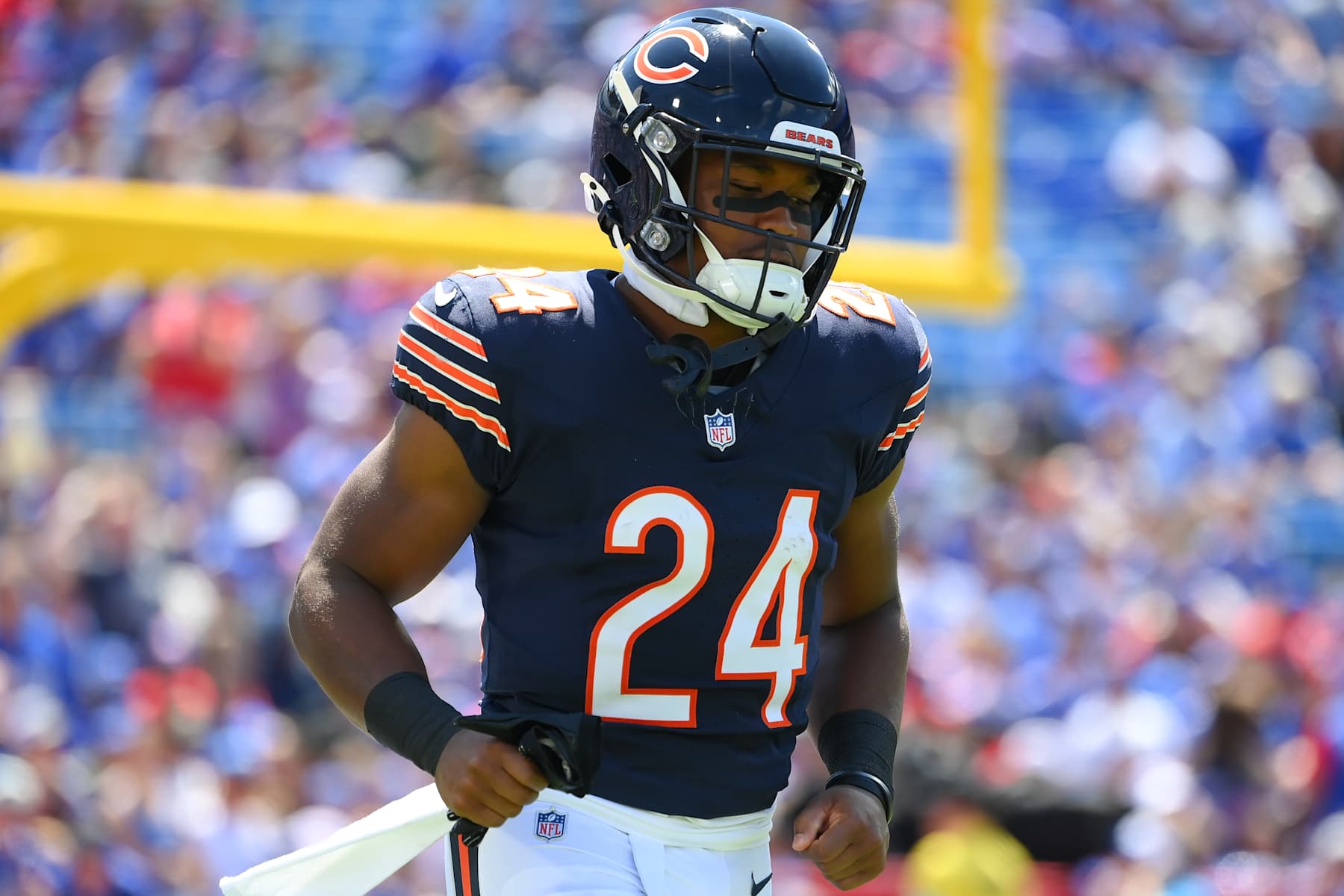 ORCHARD PARK, NEW YORK - AUGUST 10: Khalil Herbert #24 of the Chicago Bears jogs on the field prior to a preseason game against the Buffalo Bills at Highmark Stadium on August 10, 2024 in Orchard Park, New York. The Bears won 33-6. (Photo by Rich Barnes/Getty Images)