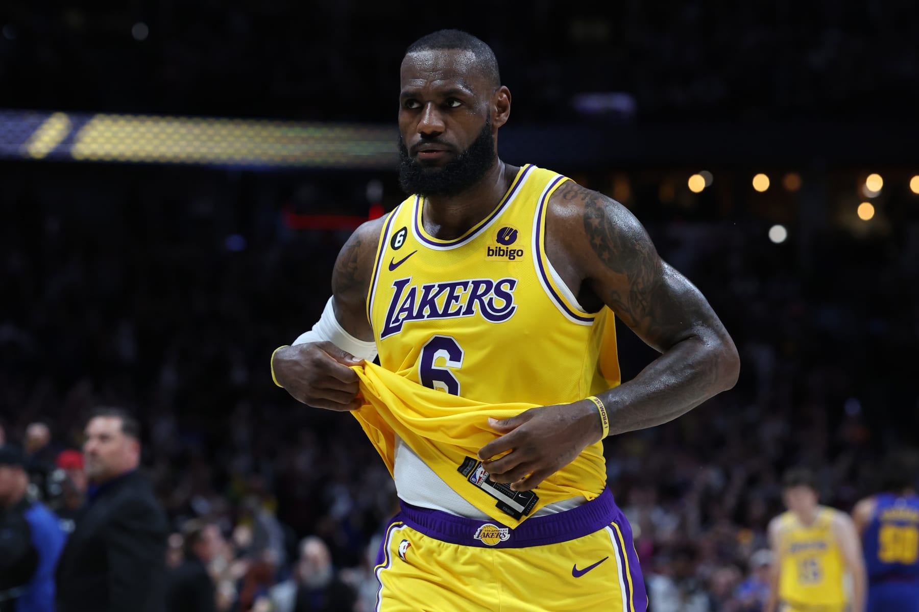 DENVER, COLORADO - MAY 16: LeBron James #6 of the Los Angeles Lakers reacts after his team was defeated by the Denver Nuggets in game one of the Western Conference Finals at Ball Arena on May 16, 2023 in Denver, Colorado. NOTE TO USER: User expressly acknowledges and agrees that, by downloading and or using this photograph, User is consenting to the terms and conditions of the Getty Images License Agreement. (Photo by Matthew Stockman/Getty Images)