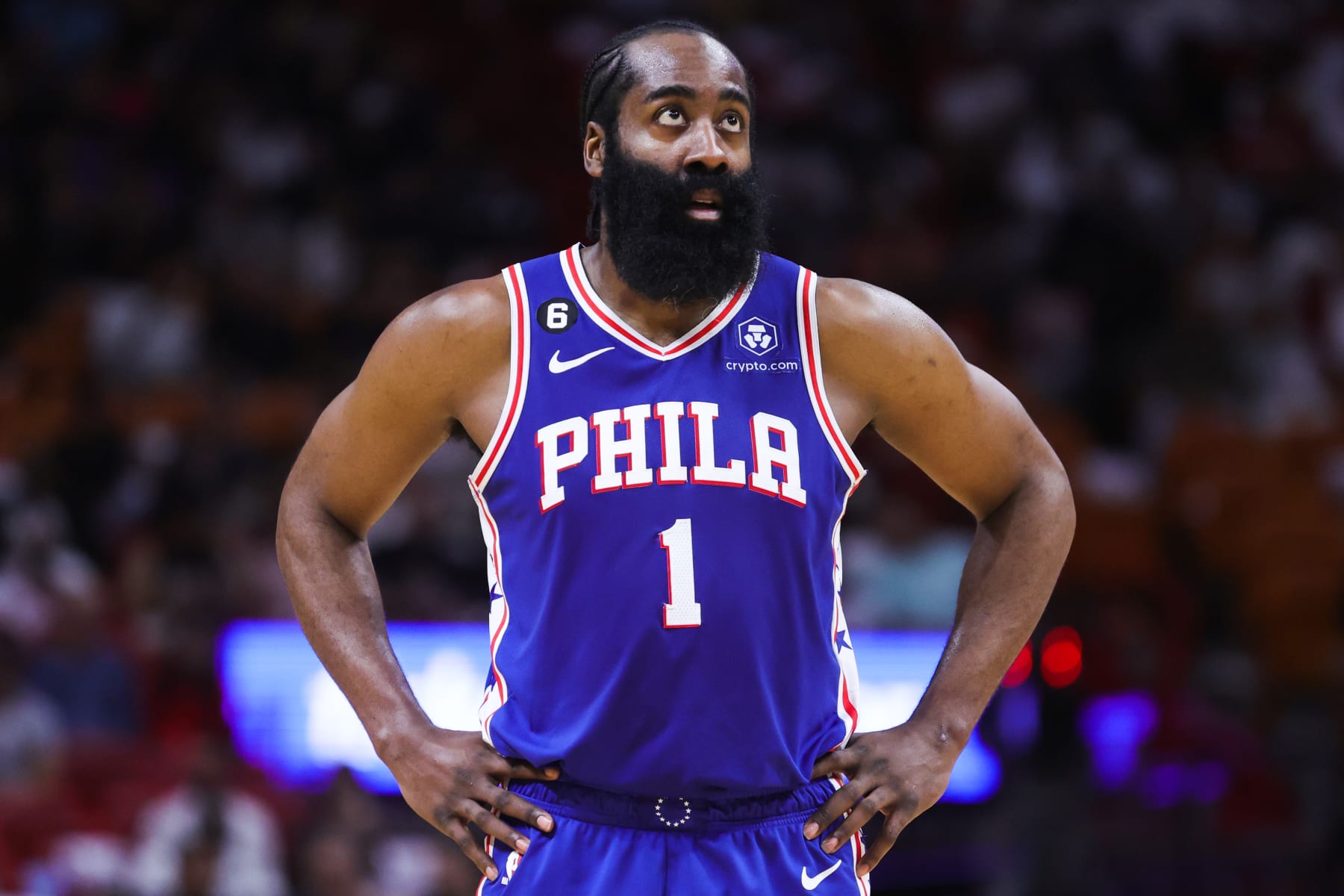 MIAMI, FLORIDA - MARCH 01: James Harden #1 of the Philadelphia 76ers looks on against the Miami Heat during the third quarter at Miami-Dade Arena on March 01, 2023 in Miami, Florida. NOTE TO USER: User expressly acknowledges and agrees that, by downloading and or using this photograph, User is consenting to the terms and conditions of the Getty Images License Agreement. (Photo by Megan Briggs/Getty Images)