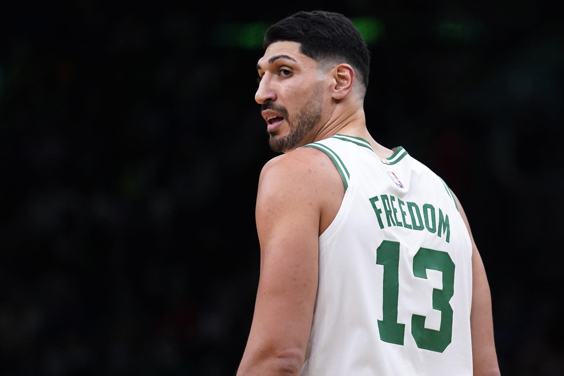 Boston Celtics center Enes Kanter Freedom looks toward the team's bench during the first half of an NBA basketball game Wednesday, Dec. 1, 2021, in Boston. The Boston Celtics center changed his name from Enes Kanter to Enes Kanter Freedom in celebration of him officially becoming a United States citizen Monday. (AP Photo/Charles Krupa) Boston Celtics center Enes Kanter Freedom looks toward the team's bench during the first half of an NBA basketball game Wednesday, Dec. 1, 2021, in Boston. The Boston Celtics center changed his name from Enes Kanter to Enes Kanter Freedom in celebration of him officially becoming a United States citizen Monday. (AP Photo/Charles Krupa)