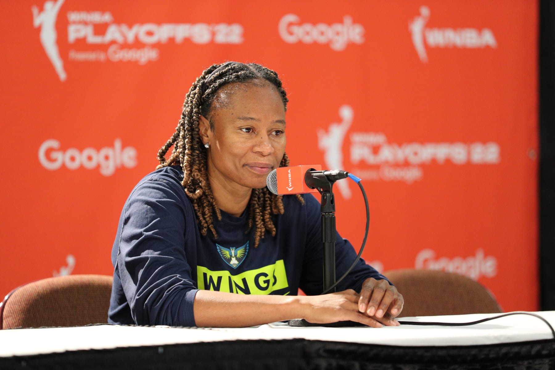 UNCASVILLE, CT - AUGUST 21: Head Coach Vickie Johnson of the Dallas Wings speaks to the media before the game against the Connecticut Sun during Round 1 Game 2 of the 2022 WNBA Playoffs on August 21, 2022 at Mohegan Sun Arena in Uncasville, Connecticut.  NOTE TO USER: User expressly acknowledges and agrees that, by downloading and/or using this Photograph, user is consenting to the terms and conditions of the Getty Images License Agreement. Mandatory Copyright Notice: Copyright 2022 NBAE (Photo by Chris Marion/NBAE via Getty Images)