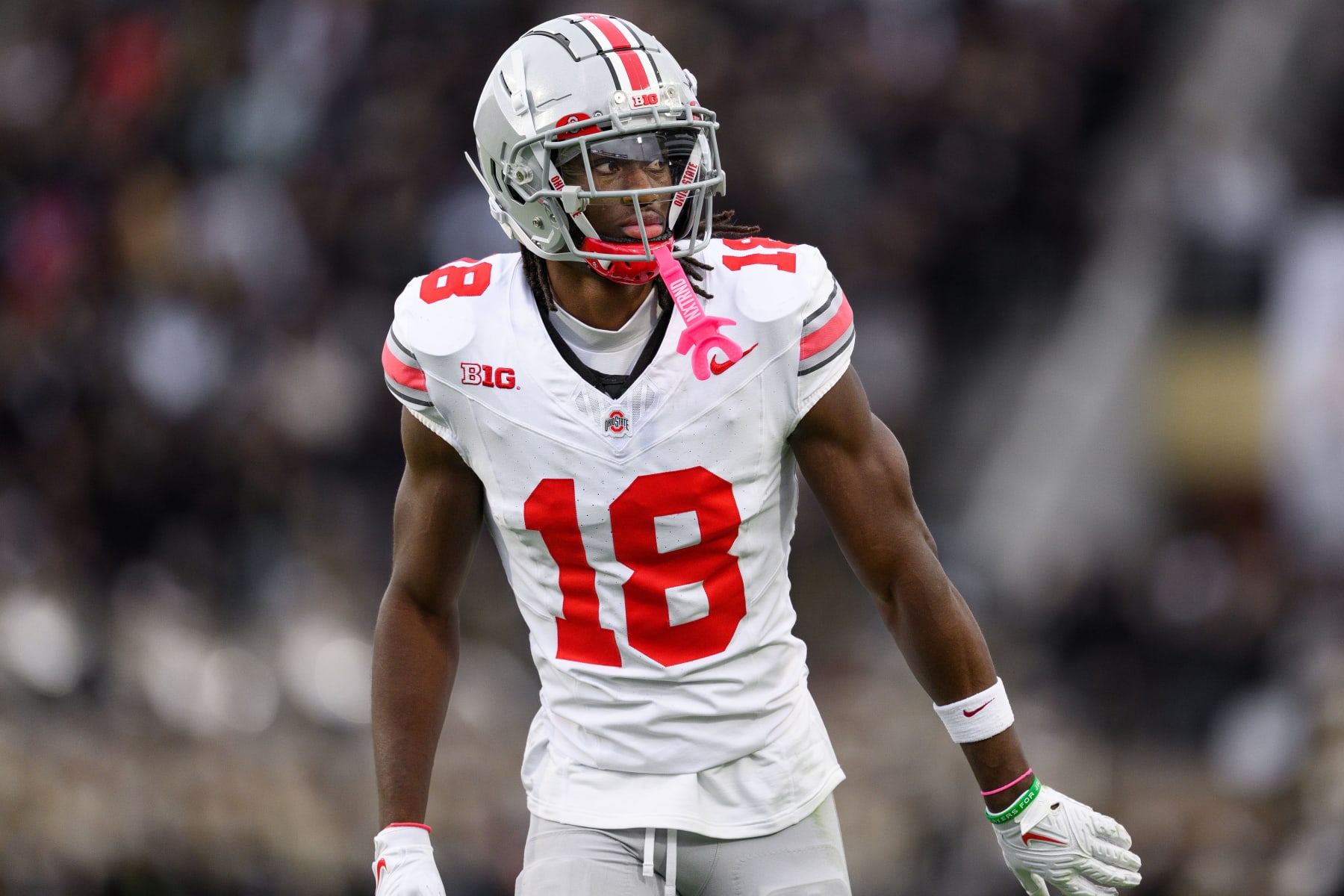 WEST LAFAYETTE, IN - OCTOBER 14: Ohio State Buckeyes wide receiver Marvin Harrison Jr. (18) lines up before the snap during the college football game between the Purdue Boilermakers and Ohio State Buckeyes on October 14, 2023, at Ross-Ade Stadium in West Lafayette, IN. (Photo by Zach Bolinger/Icon Sportswire via Getty Images)