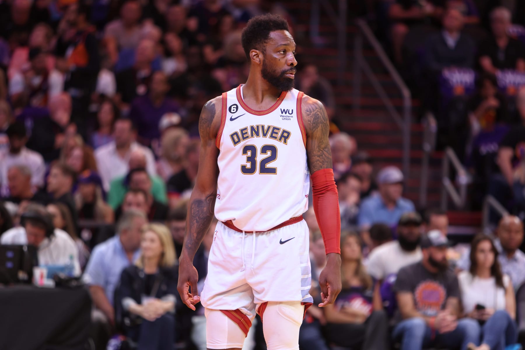 PHOENIX, AZ - MAY 5: Jeff Green #32 of the Denver Nuggets looks on during the game against the Phoenix Suns during Game Three of the Western Conference Semi-Finals of the 2023 NBA Playoffson May 5, 2023 at Footprint Center in Phoenix, Arizona. NOTE TO USER: User expressly acknowledges and agrees that, by downloading and or using this photograph, user is consenting to the terms and conditions of the Getty Images License Agreement. Mandatory Copyright Notice: Copyright 2023 NBAE (Photo by Jim Poorten/NBAE via Getty Images) PHOENIX, AZ - MAY 5: Jeff Green #32 of the Denver Nuggets looks on during the game against the Phoenix Suns during Game Three of the Western Conference Semi-Finals of the 2023 NBA Playoffson May 5, 2023 at Footprint Center in Phoenix, Arizona. NOTE TO USER: User expressly acknowledges and agrees that, by downloading and or using this photograph, user is consenting to the terms and conditions of the Getty Images License Agreement. Mandatory Copyright Notice: Copyright 2023 NBAE (Photo by Jim Poorten/NBAE via Getty Images)
