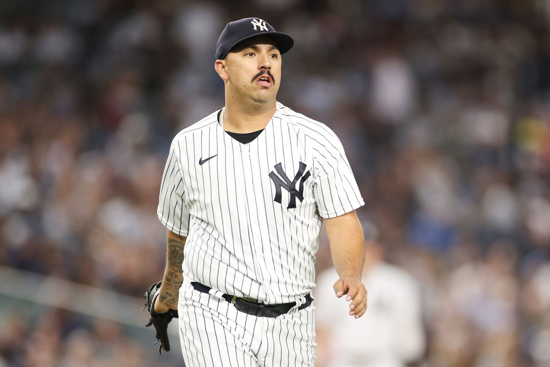NEW YORK, NEW YORK - AUGUST 16: Nestor Cortes #65 of the New York Yankees looks on while pitching during the fourth inning against the Tampa Bay Rays at Yankee Stadium on August 16, 2022 in the Bronx borough of New York City. (Photo by Sarah Stier/Getty Images)