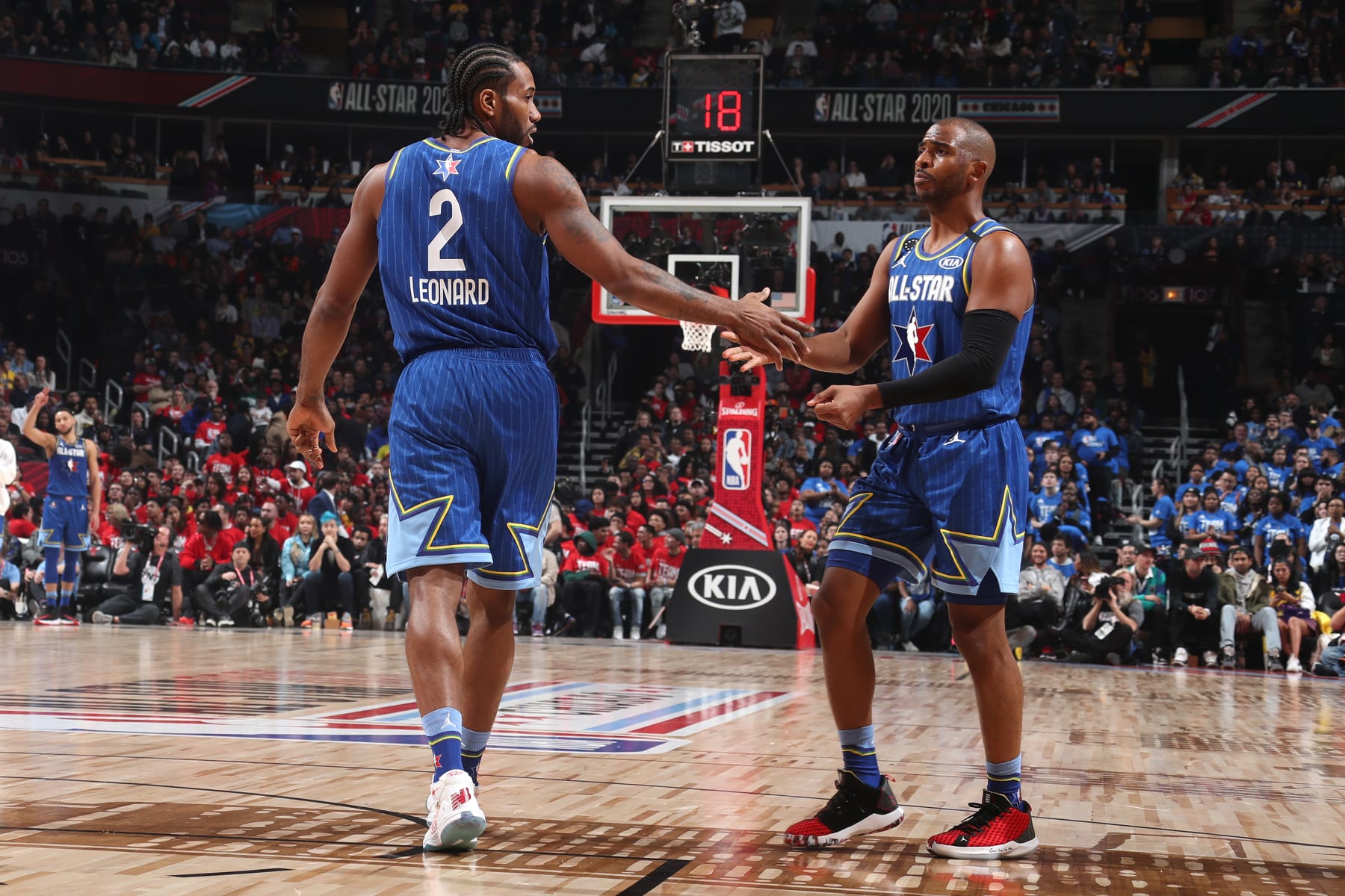 CHICAGO, IL - FEBRUARY 16: Kawhi Leonard #2 of Team LeBron high-fives Chris Paul #2 of Team LeBron during the 69th NBA All-Star Game on February 16, 2020 at the United Center in Chicago, Illinois. NOTE TO USER: User expressly acknowledges and agrees that, by downloading and or using this photograph, User is consenting to the terms and conditions of the Getty Images License Agreement. Mandatory Copyright Notice: Copyright 2020 NBAE (Photo by Nathaniel S. Butler/NBAE via Getty Images)