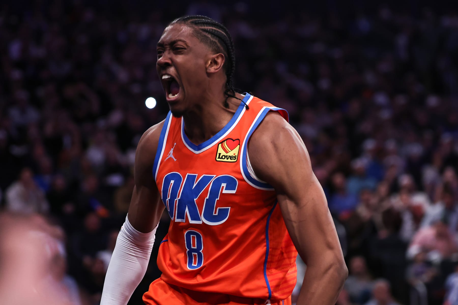 NEW YORK, NEW YORK - MARCH 31: Jalen Williams #8 of the Oklahoma City Thunder reacts after a dunk during the third quarter of the game \an at Madison Square Garden on March 31, 2024 in New York City. NOTE TO USER: User expressly acknowledges and agrees that, by downloading and or using this photograph, User is consenting to the terms and conditions of the Getty Images License Agreement. (Photo by Dustin Satloff/Getty Images)