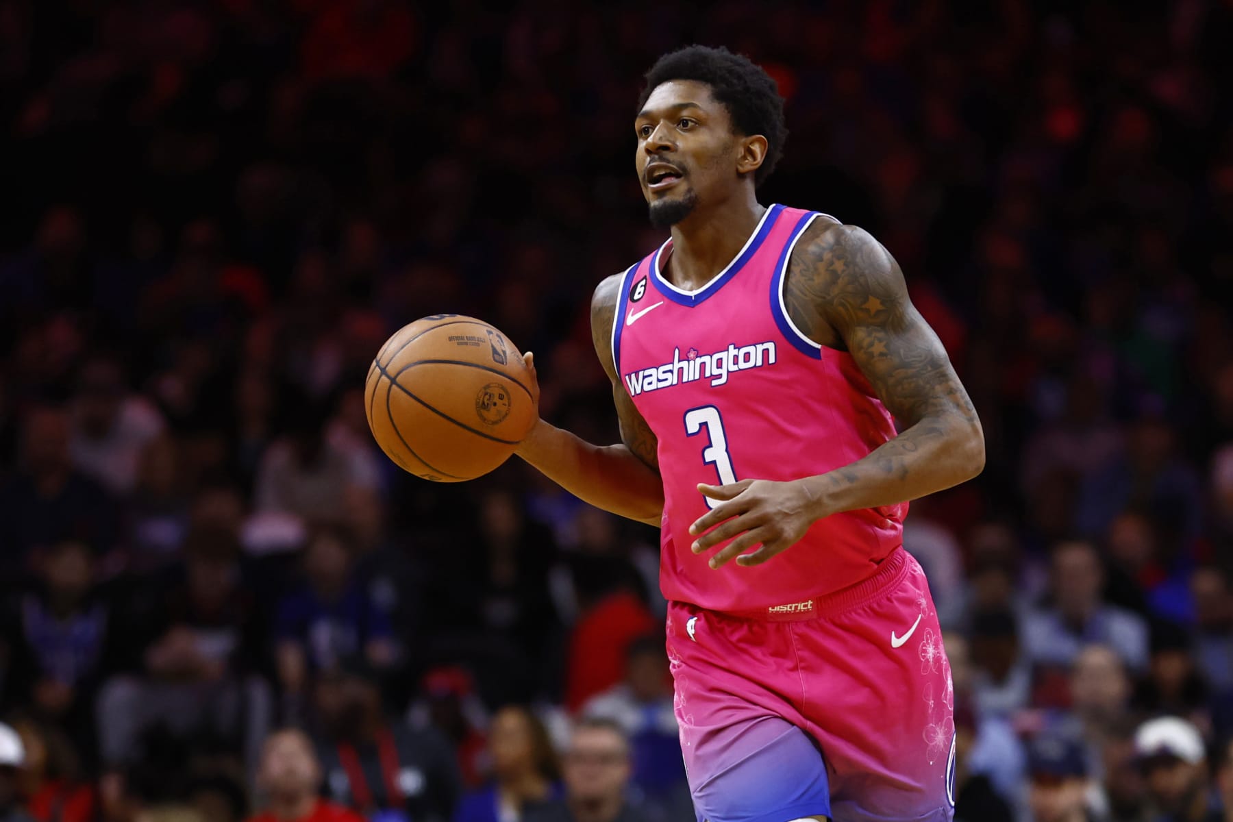 PHILADELPHIA, PA - MARCH 12: Bradley Beal #3 of the Washington Wizards in action against the Philadelphia 76ers during a game at Wells Fargo Center on March 12, 2023 in Philadelphia, Pennsylvania. The 76ers defeated the Wizards 112-93. NOTE TO USER: User expressly acknowledges and agrees that, by downloading and or using this photograph, User is consenting to the terms and conditions of the Getty Images License Agreement. (Photo by Rich Schultz/Getty Images)