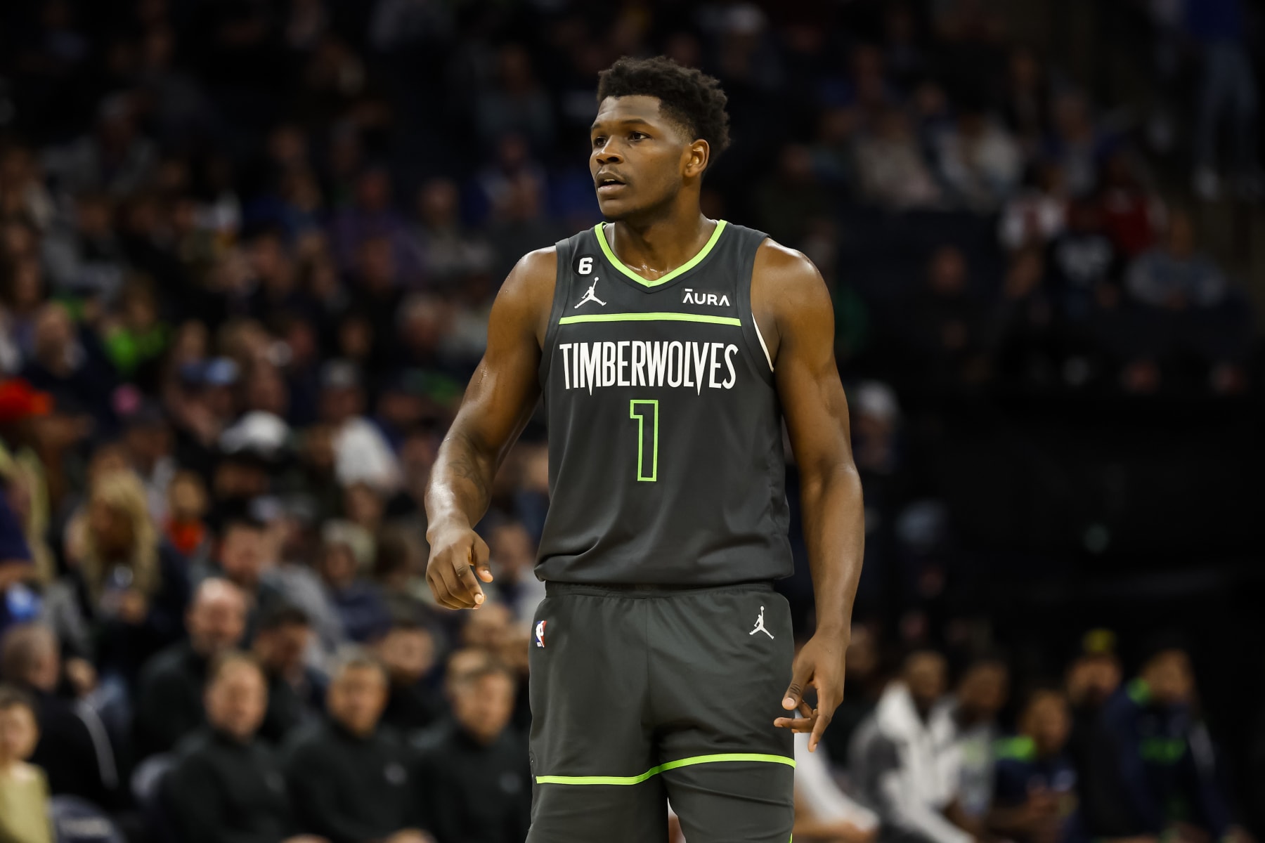MINNEAPOLIS, MN - MARCH 10: Anthony Edwards #1 of the Minnesota Timberwolves looks on against the Brooklyn Nets in the third quarter of the game at Target Center on March 10, 2023 in Minneapolis, Minnesota. The Nets defeated the Timberwolves 124-123 in overtime. NOTE TO USER: User expressly acknowledges and agrees that, by downloading and or using this Photograph, user is consenting to the terms and conditions of the Getty Images License Agreement. (Photo by David Berding/Getty Images)