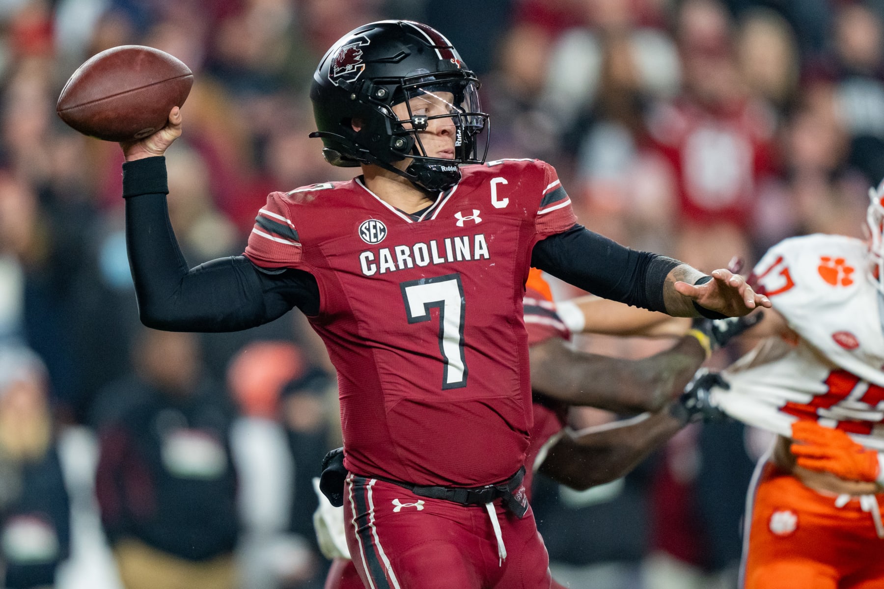 COLUMBIA, SOUTH CAROLINA - NOVEMBER 25: Spencer Rattler #7 of the South Carolina Gamecocks plays against the Clemson Tigers during their game at Williams-Brice Stadium on November 25, 2023 in Columbia, South Carolina. (Photo by Jacob Kupferman/Getty Images)