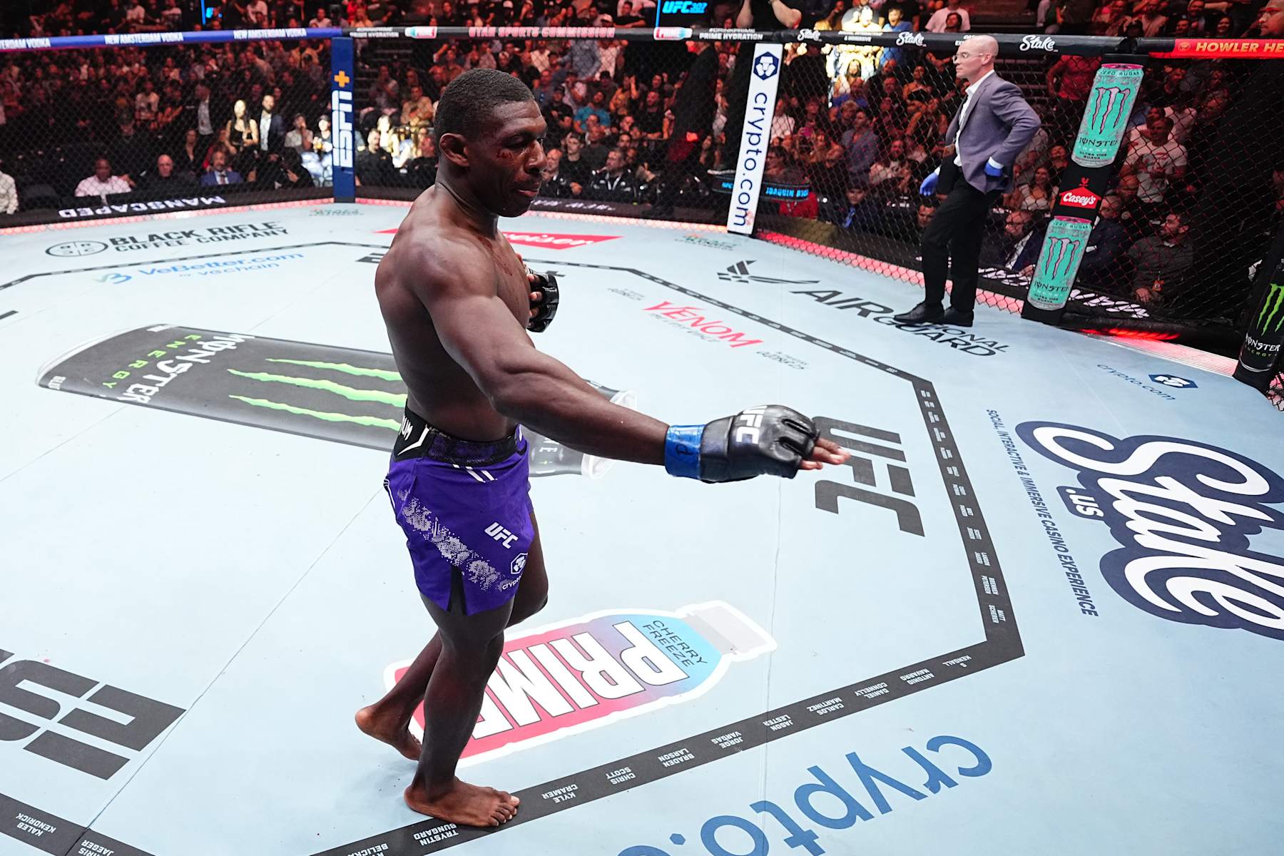 SALT LAKE CITY, UTAH - OCTOBER 05: Joaquin Buckley reacts after his knockout victory against Stephen Thompson in a welterweight fight during the UFC 307 event at Delta Center on October 05, 2024 in Salt Lake City, Utah. (Photo by Jeff Bottari/Zuffa LLC)