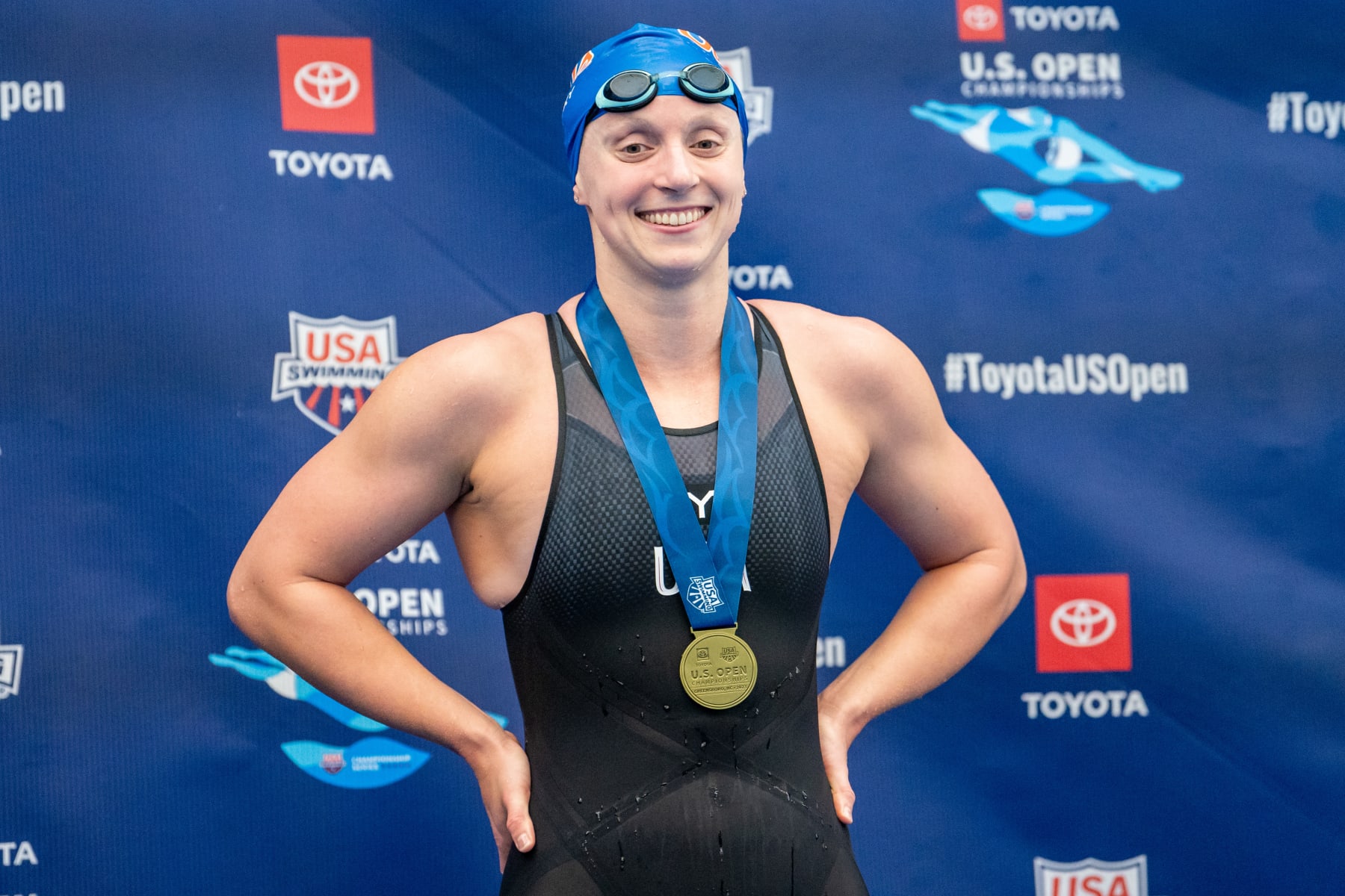 GREENSBORO, NORTH CAROLINA - DECEMBER 02: Katie Ledecky looks on after winning the Women's 1500 Meter Freestyle Final on day 4 of the Toyota US Open on December 02, 2023 at the Greensboro Aquatic Center in Greensboro, North Carolina. (Photo by Jacob Kupferman/Getty Images)