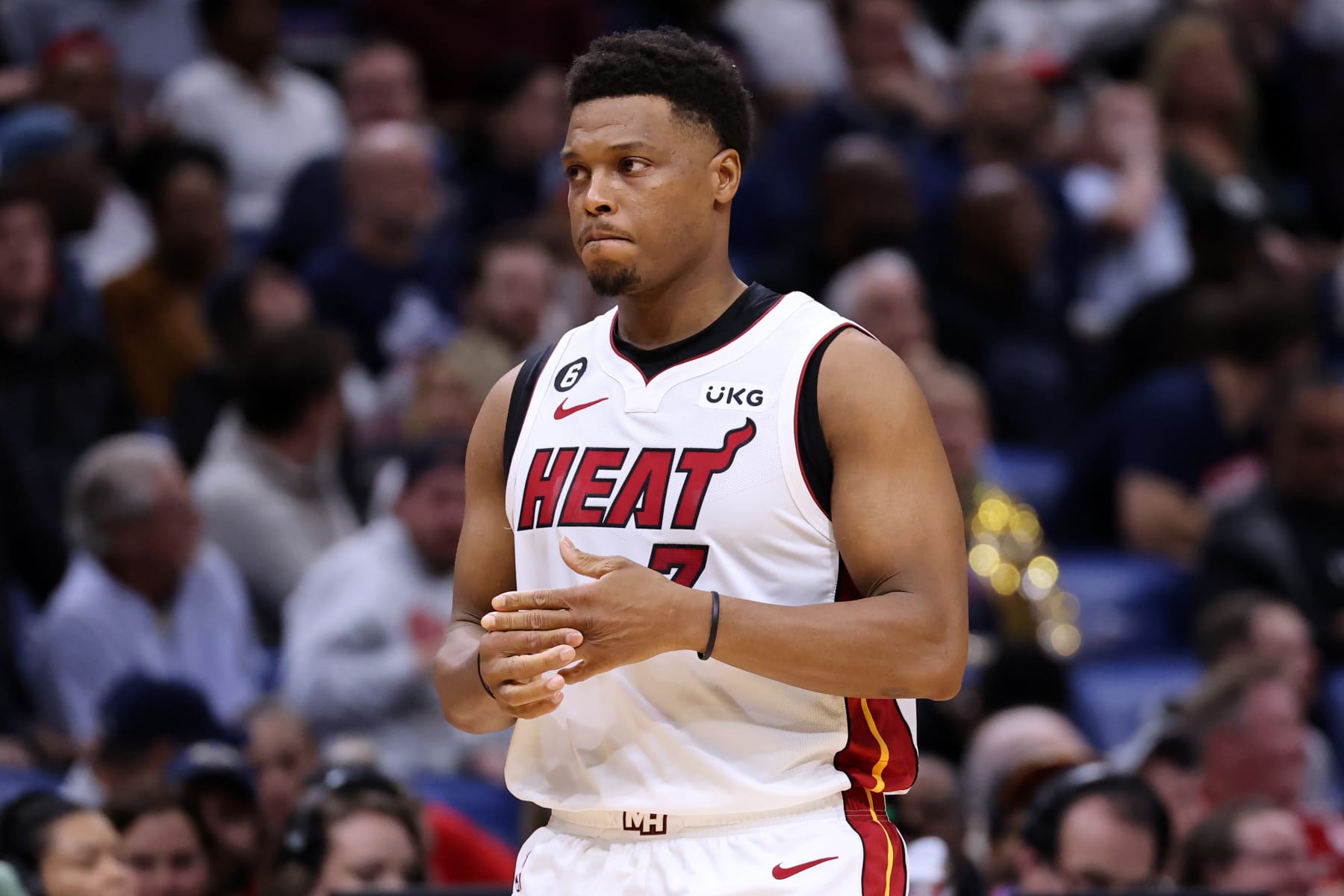 NEW ORLEANS, LOUISIANA - JANUARY 18: Kyle Lowry #7 of the Miami Heat reacts against the New Orleans Pelicans during a game at the Smoothie King Center on January 18, 2023 in New Orleans, Louisiana. NOTE TO USER: User expressly acknowledges and agrees that, by downloading and or using this Photograph, user is consenting to the terms and conditions of the Getty Images License Agreement. (Photo by Jonathan Bachman/Getty Images)