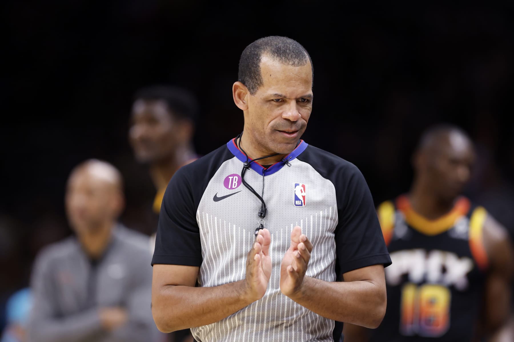 PHOENIX, ARIZONA - JANUARY 19: Referee Eric Lewis #42 during the game between the Phoenix Suns and the Brooklyn Nets at Footprint Center on January 19, 2023 in Phoenix, Arizona. The Suns beat the Nets 117-112. NOTE TO USER: User expressly acknowledges and agrees that,  by downloading and or using this photograph,  User is consenting to the terms and conditions of the Getty Images License Agreement. (Photo by Chris Coduto/Getty Images)