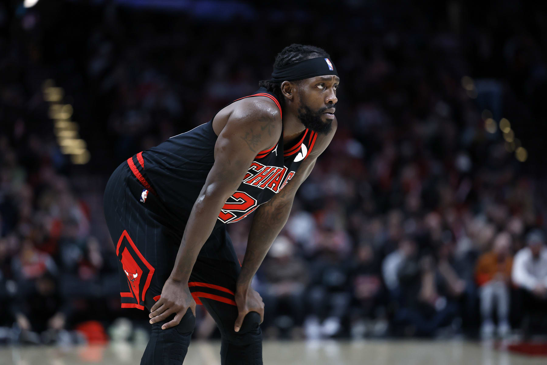 PORTLAND, OREGON - MARCH 24: Patrick Beverley #21 of the Chicago Bulls looks on during the second half against the Portland Trail Blazers at Moda Center on March 24, 2023 in Portland, Oregon. NOTE TO USER: User expressly acknowledges and agrees that, by downloading and or using this photograph, User is consenting to the terms and conditions of the Getty Images License Agreement. (Photo by Soobum Im/Getty Images)