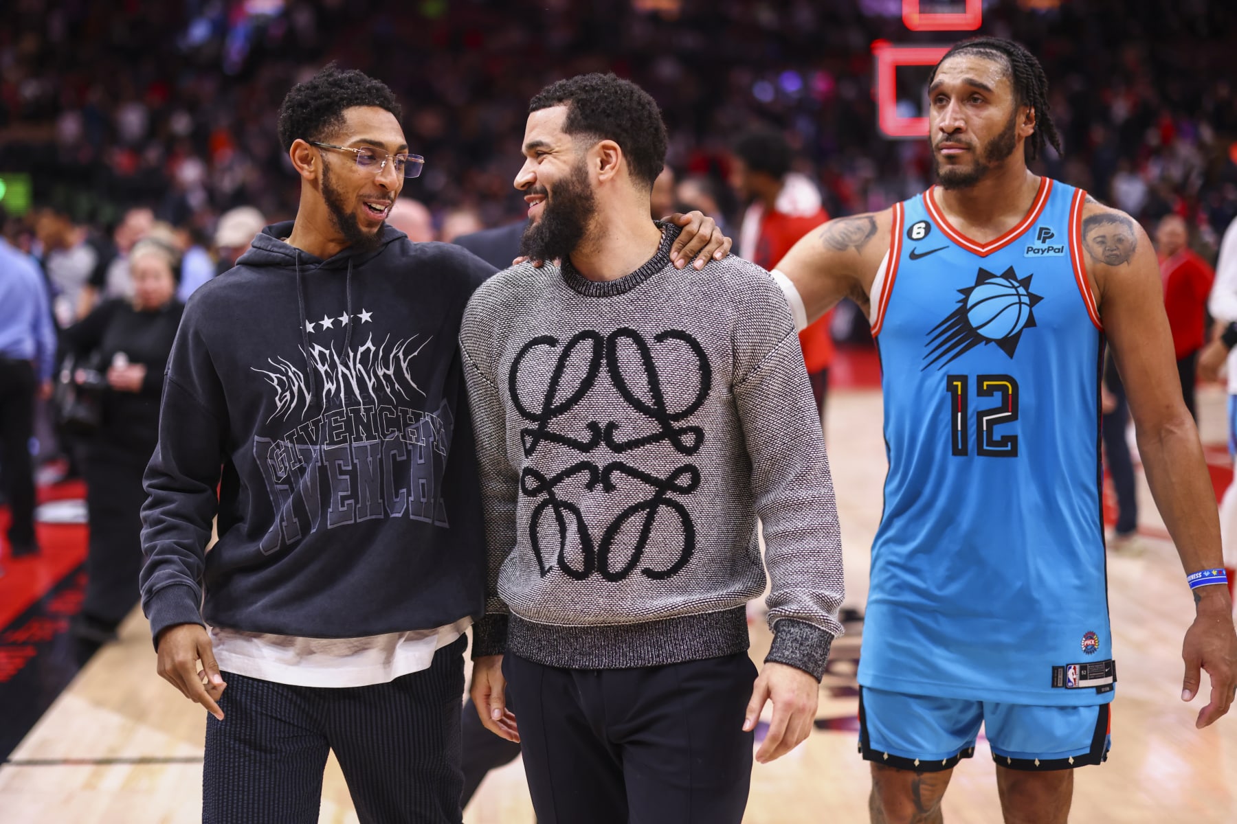 TORONTO, CANADA - DECEMBER 30: Cameron Payne #15 of the Phoenix Suns talks with Fred VanVleet #23 of the Toronto Raptors after the game on December 30, 2022 at the Scotiabank Arena in Toronto, Ontario, Canada.  NOTE TO USER: User expressly acknowledges and agrees that, by downloading and or using this Photograph, user is consenting to the terms and conditions of the Getty Images License Agreement.  Mandatory Copyright Notice: Copyright 2022 NBAE (Photo by Vaughn Ridley/NBAE via Getty Images)