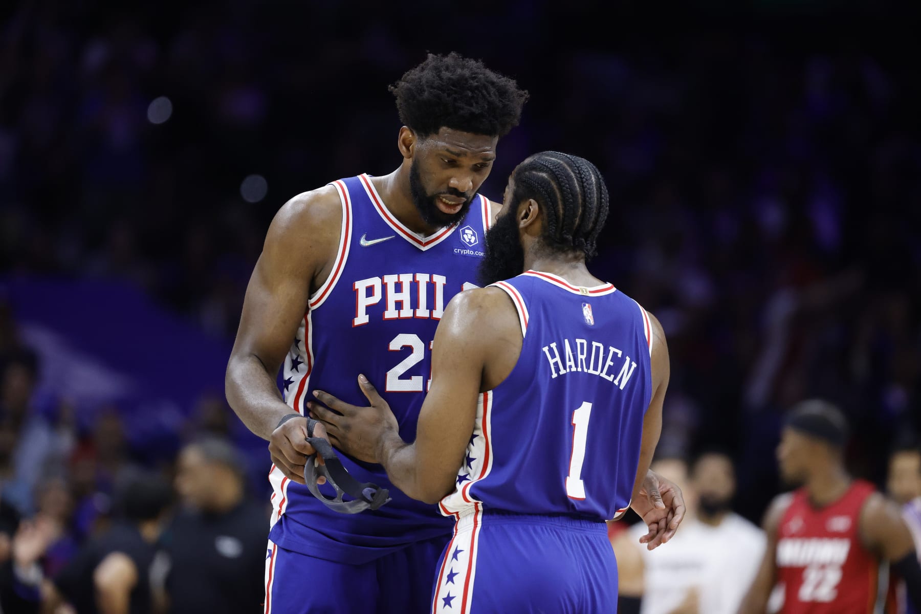 PHILADELPHIA, PENNSYLVANIA - MAY 12: Joel Embiid #21 and James Harden #1 of the Philadelphia 76ers during play against the Miami Heat in Game Six of the 2022 NBA Playoffs Eastern Conference Semifinals at Wells Fargo Center on May 12, 2022 in Philadelphia, Pennsylvania. NOTE TO USER: User expressly acknowledges and agrees that, by downloading and/or using this photograph, User is consenting to the terms and conditions of the Getty Images License Agreement. (Photo by Tim Nwachukwu/Getty Images) PHILADELPHIA, PENNSYLVANIA - MAY 12: Joel Embiid #21 and James Harden #1 of the Philadelphia 76ers during play against the Miami Heat in Game Six of the 2022 NBA Playoffs Eastern Conference Semifinals at Wells Fargo Center on May 12, 2022 in Philadelphia, Pennsylvania. NOTE TO USER: User expressly acknowledges and agrees that, by downloading and/or using this photograph, User is consenting to the terms and conditions of the Getty Images License Agreement. (Photo by Tim Nwachukwu/Getty Images)