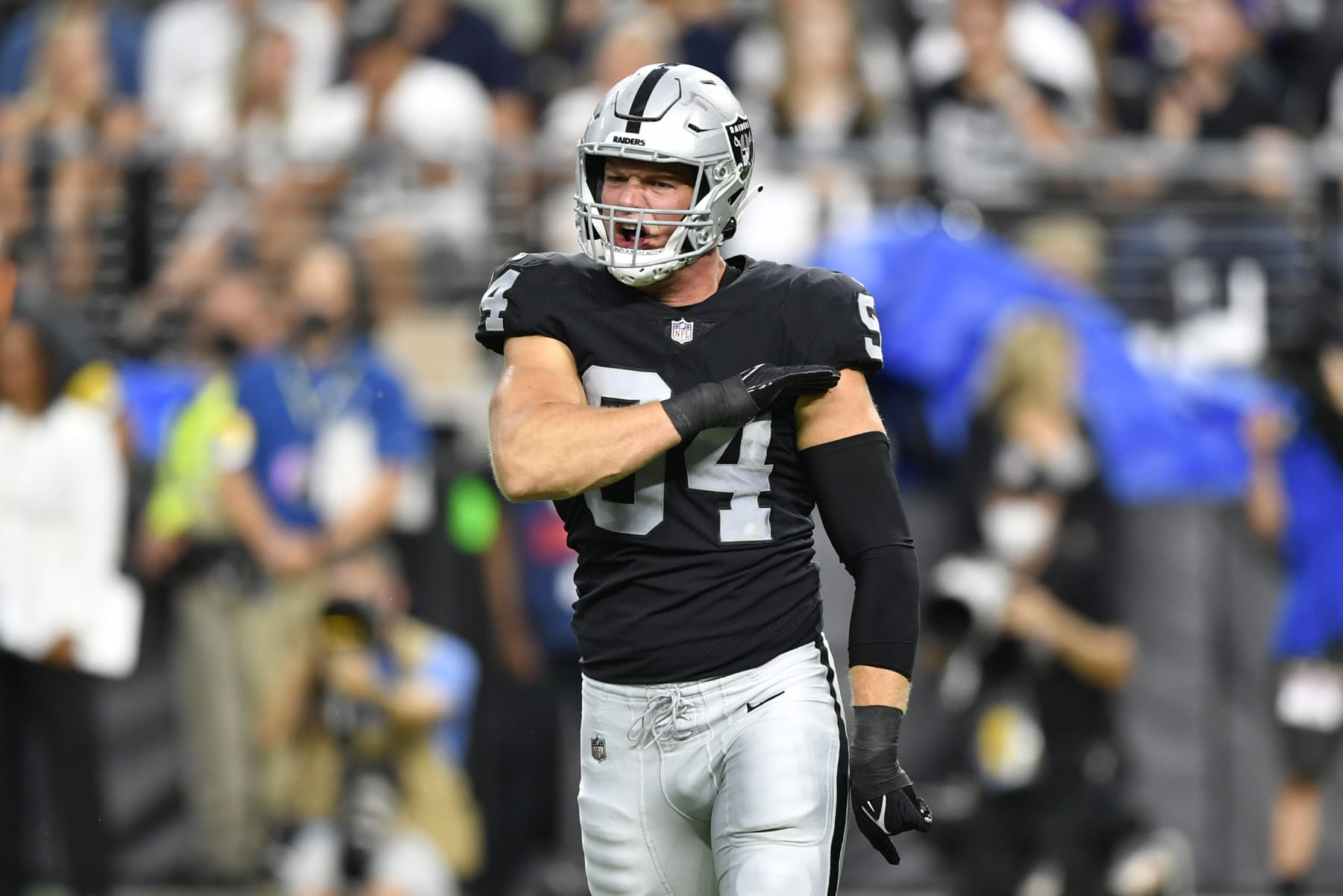 LAS VEGAS, NEVADA - SEPTEMBER 13:  Defensive end Carl Nassib #94 of the Las Vegas Raiders reacts after making a tackle for a loss of yardage during the second quarter against the Baltimore Ravens at Allegiant Stadium on September 13, 2021 in Las Vegas, Nevada. The Raiders defeated the Ravens 33-27 in overtime. (Photo by Chris Unger/Getty Images)