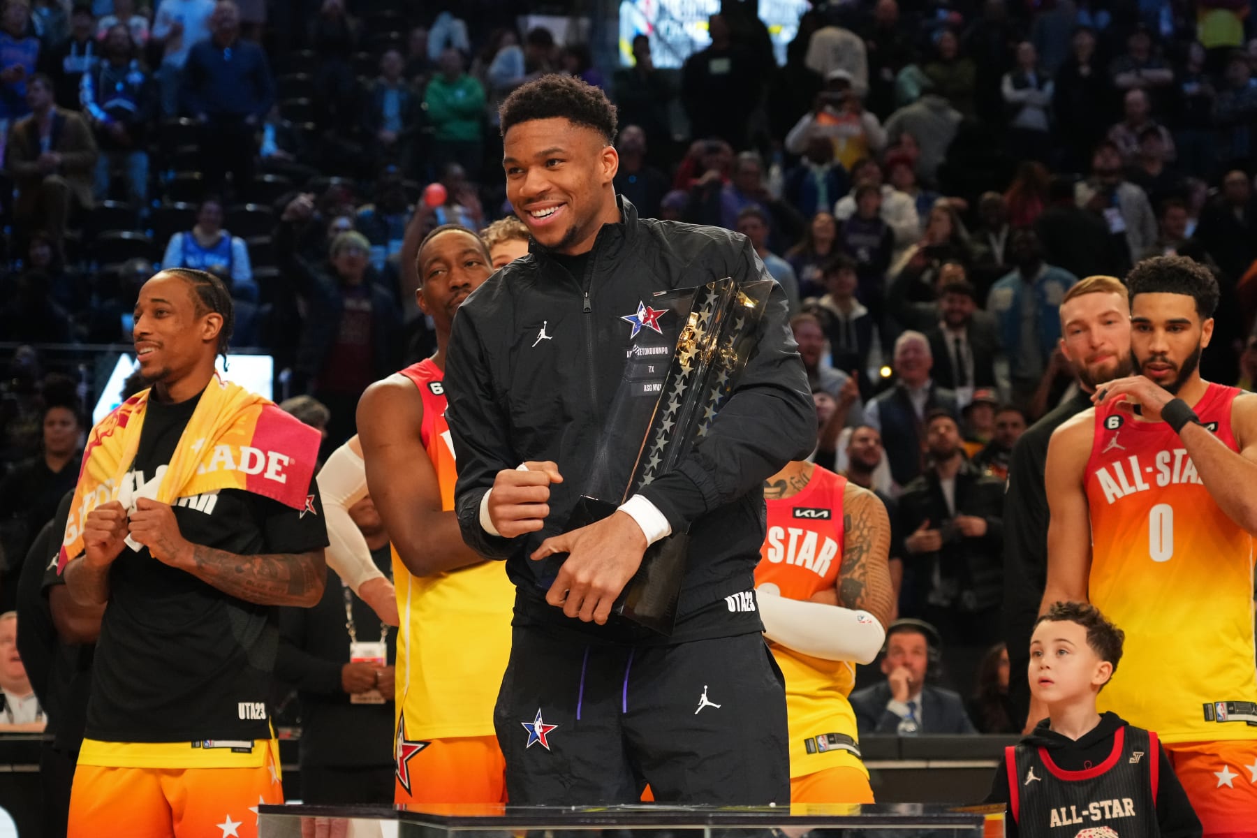 SALT LAKE CITY, UT - FEBRUARY 19: Giannis Antetokounmpo #34 of Team Giannis celebrates with the All Star Game Championship Trophy during the NBA All-Star Game as part of 2023 NBA All Star Weekend on Sunday, February 19, 2023 at Vivint Arena in Salt Lake City, Utah. NOTE TO USER: User expressly acknowledges and agrees that, by downloading and/or using this Photograph, user is consenting to the terms and conditions of the Getty Images License Agreement. Mandatory Copyright Notice: Copyright 2023 NBAE (Photo by Jesse D. Garrabrant/NBAE via Getty Images)