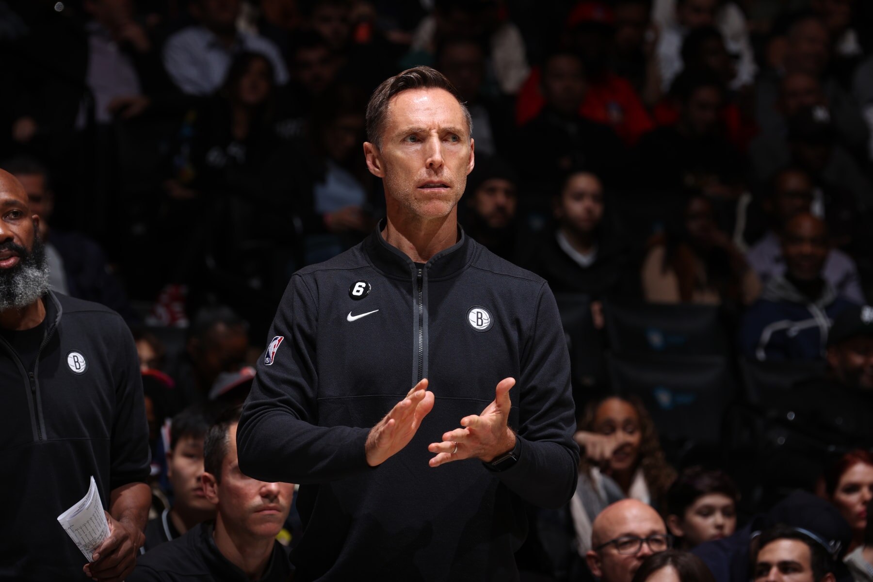 BROOKLYN, NY - OCTOBER 31: Head Coach Steve Nash of the Brooklyn Nets looks on during the game against the Indiana Pacers on October 31, 2022 at Barclays Center in Brooklyn, New York. NOTE TO USER: User expressly acknowledges and agrees that, by downloading and or using this Photograph, user is consenting to the terms and conditions of the Getty Images License Agreement. Mandatory Copyright Notice: Copyright 2022 NBAE (Photo by Nathaniel S. Butler/NBAE via Getty Images)