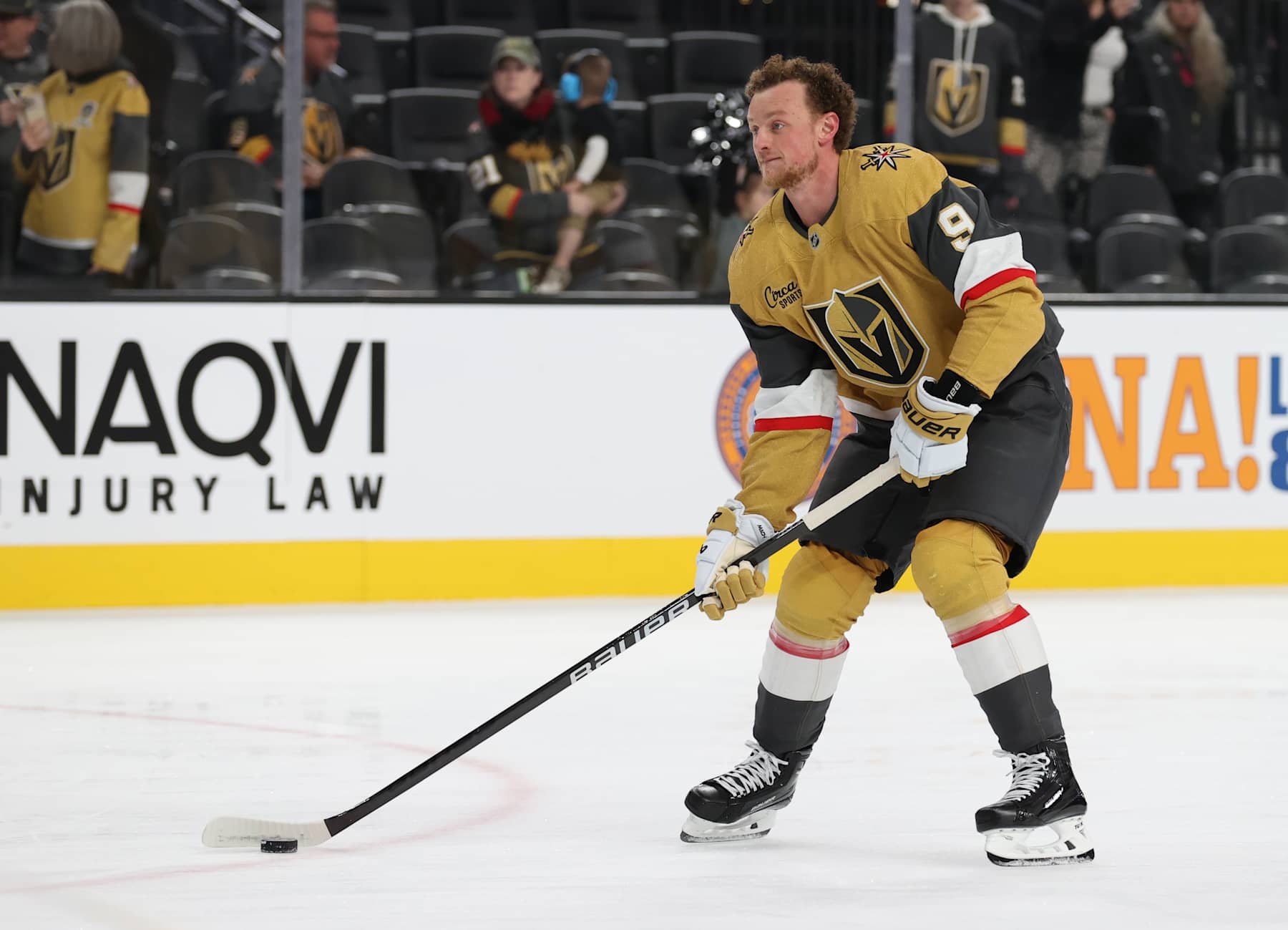 LAS VEGAS, NEVADA - DECEMBER 06: Jack Eichel #9 of the Vegas Golden Knights warms up prior to a game against the Dallas Stars at T-Mobile Arena on December 06, 2024 in Las Vegas, Nevada. (Photo by Zak Krill/NHLI via Getty Images)