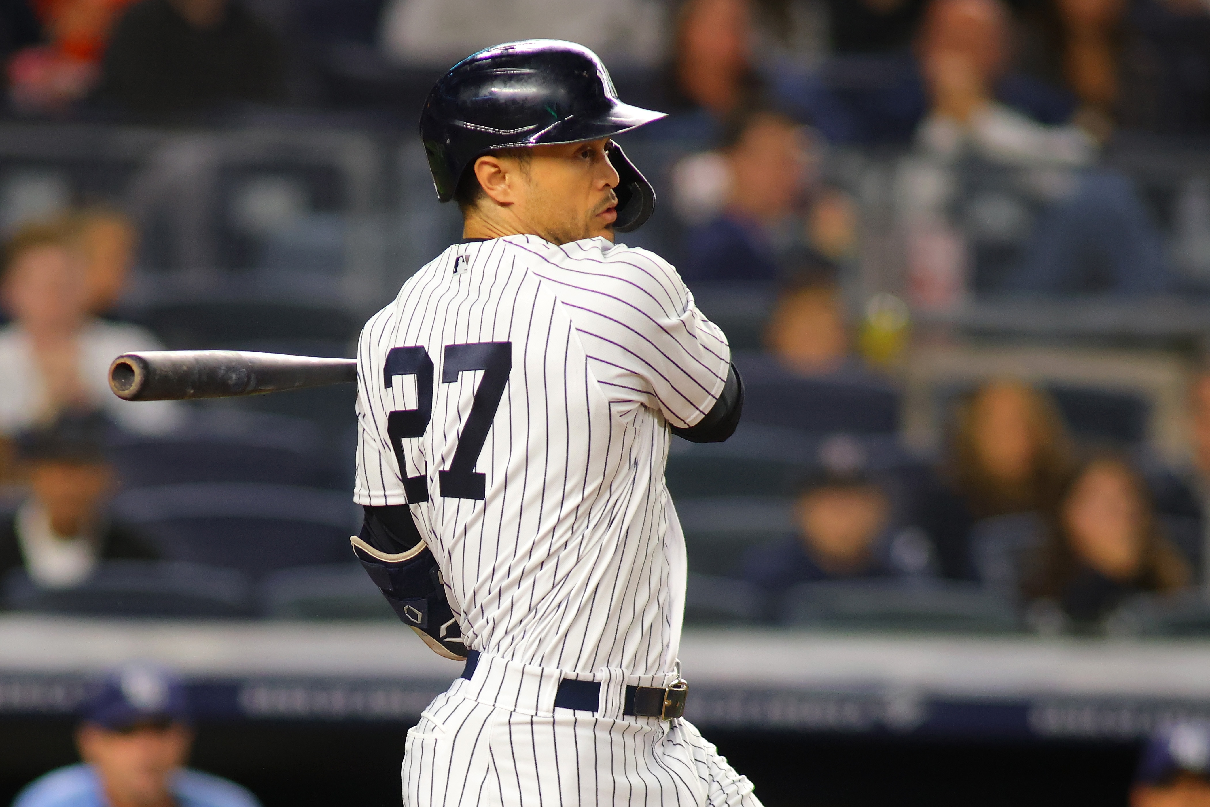 NEW YORK, NEW YORK - OCTOBER 01: Giancarlo Stanton #27 of the New York Yankees in action against the Tampa Bay Rays at Yankee Stadium on October 01, 2021 in New York City. Tampa Bay Rays defeated the New York Yankees 4-3. (Photo by Mike Stobe/Getty Images)