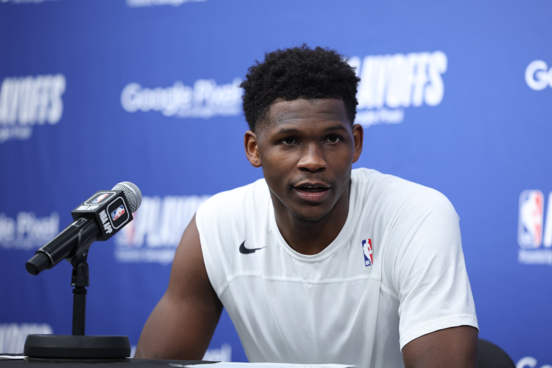 MINNEAPOLIS, MN - APRIL 23: Anthony Edwards #1 of the Minnesota Timberwolves speaks to the media after Round 1 Game 4 of the 2023 NBA Playoffs against the Denver Nuggets on April 23, 2023 at Target Center in Minneapolis, Minnesota. NOTE TO USER: User expressly acknowledges and agrees that, by downloading and or using this Photograph, user is consenting to the terms and conditions of the Getty Images License Agreement. Mandatory Copyright Notice: Copyright 2023 NBAE (Photo by David Sherman/NBAE via Getty Images)