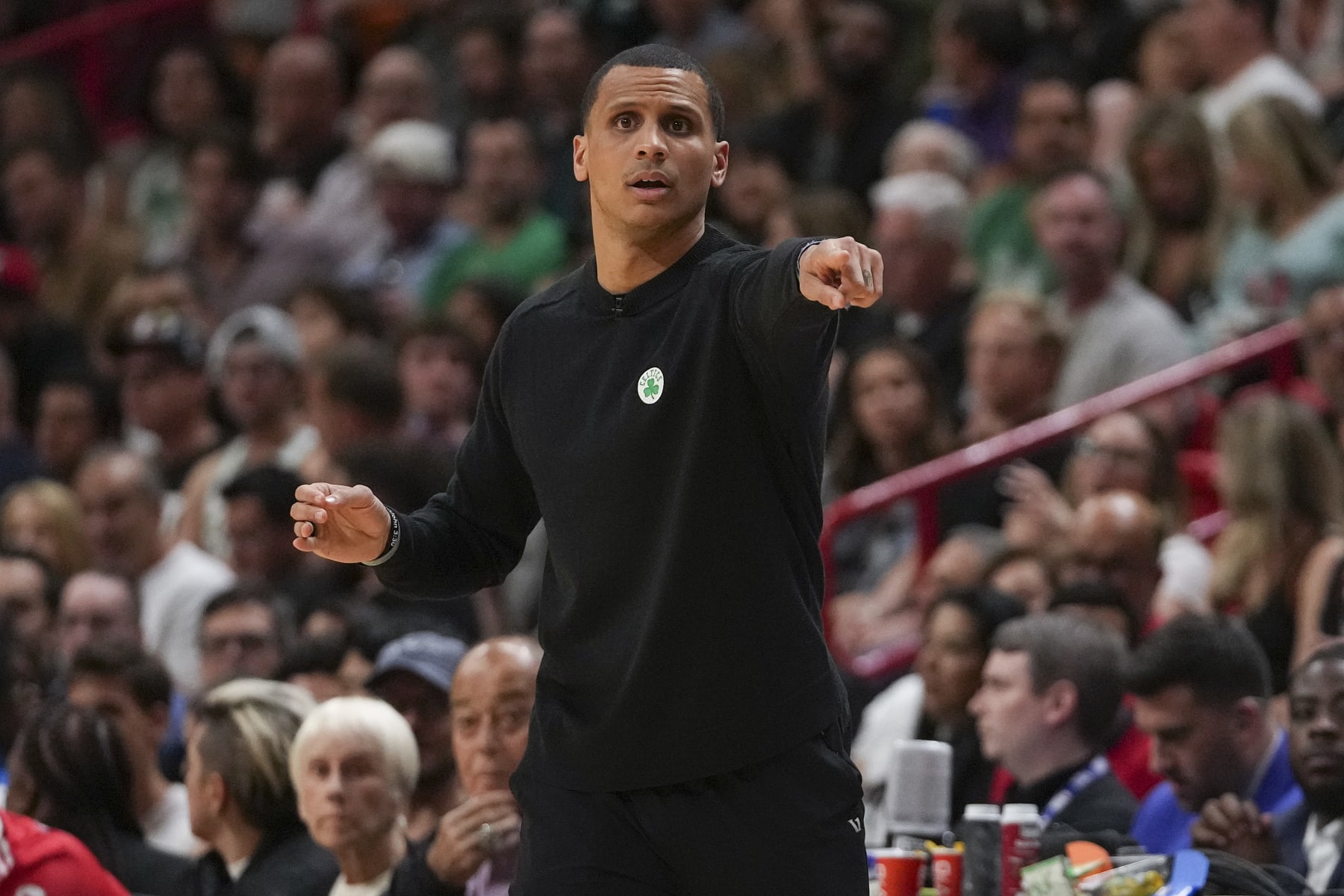 MIAMI, FLORIDA - JANUARY 24: Head Coach Joe Mazzulla of the Boston Celtics signals to his team during the second half of the game against the Miami Heat at Miami-Dade Arena on January 24, 2023 in Miami, Florida. NOTE TO USER: User expressly acknowledges and agrees that,  by downloading and or using this photograph,  User is consenting to the terms and conditions of the Getty Images License Agreement. (Photo by Eric Espada/Getty Images)