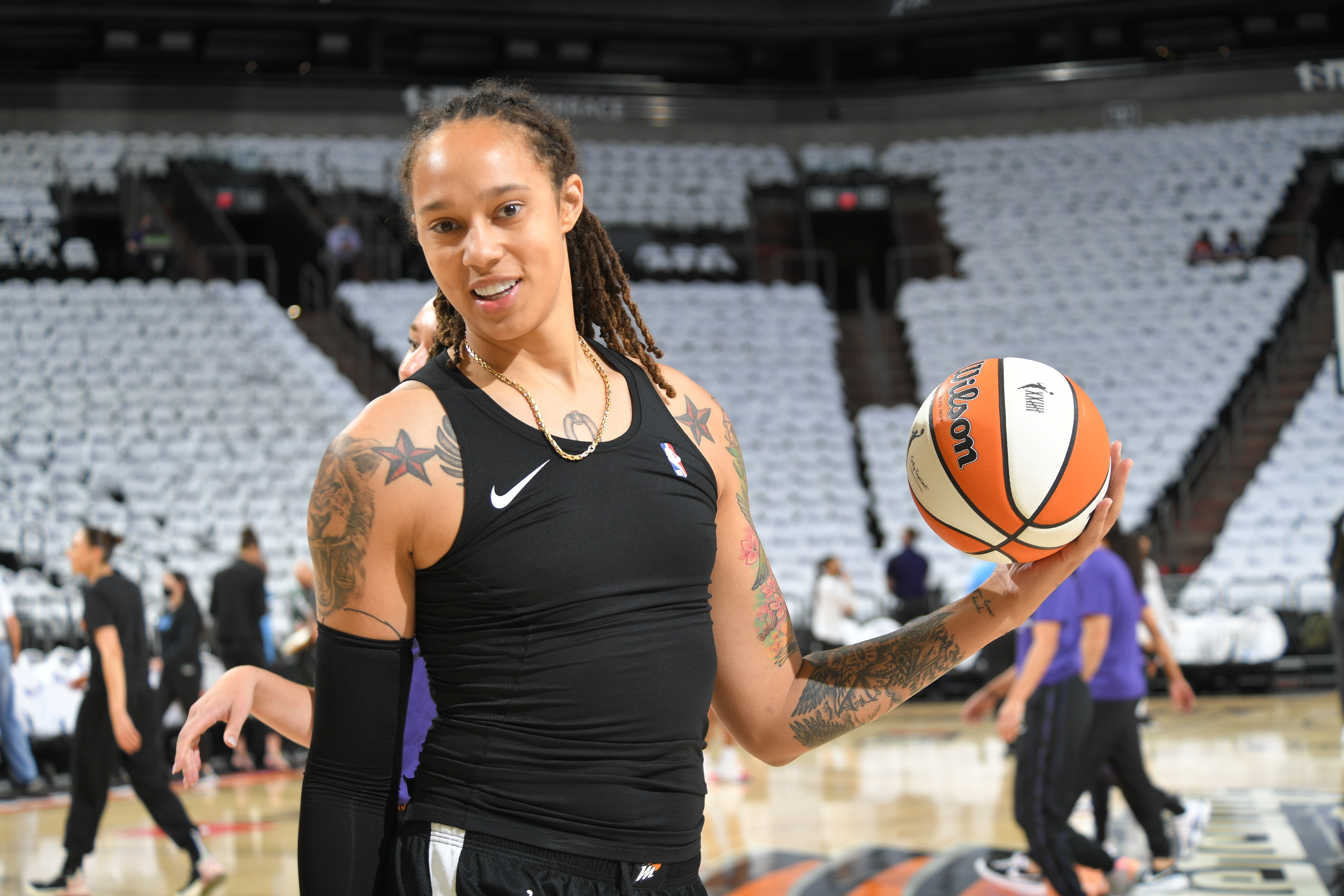 PHOENIX, AZ - OCTOBER 10: Brittney Griner #42 of the Phoenix Mercury warms up before the game against the Chicago Sky during Game One of the 2021 WNBA Finals on October 10, 2021 at Footprint in Phoenix, Arizona. NOTE TO USER: User expressly acknowledges and agrees that, by downloading and or using this photograph, user is consenting to the terms and conditions of the Getty Images License Agreement. Mandatory Copyright Notice: Copyright 2021 NBAE (Photo by Michael Gonzales/NBAE via Getty Images)