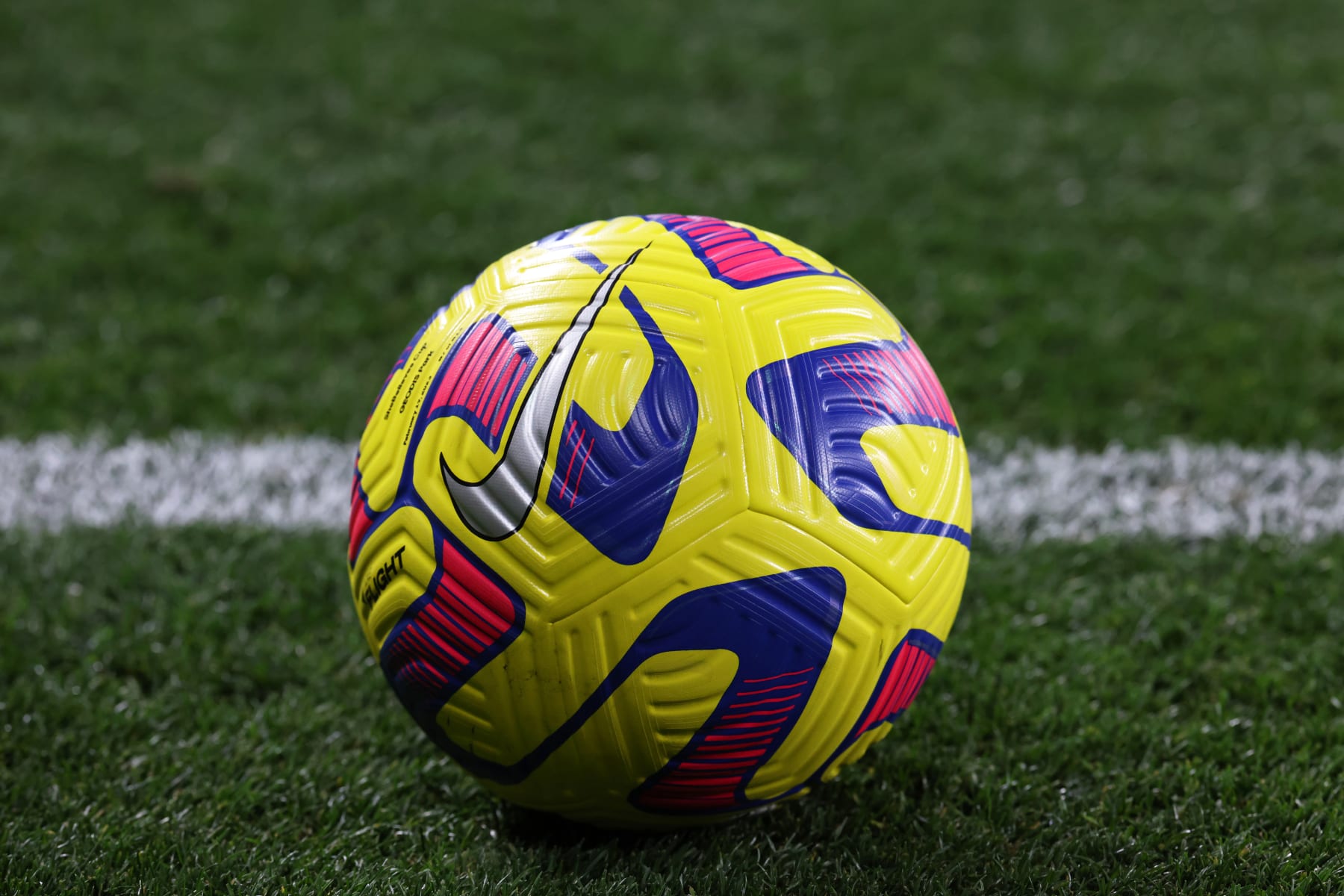NASHVILLE, TN - FEBRUARY 19: A Nike soccer ball on the field during the SheBelieves Cup match between Canada and Brazil, February 19, 2023 at GEODIS Park in Nashville, Tennessee.  (Photo by Matthew Maxey/Icon Sportswire via Getty Images)