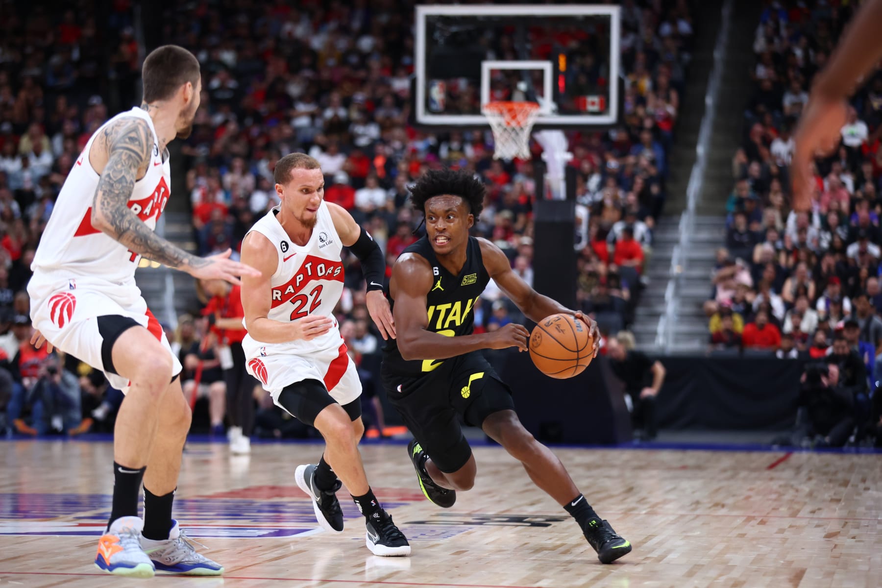 ALBERTA, CANADA - OCTOBER 2: Collin Sexton #2 of the Utah Jazz drives to the basket against the Toronto Raptors during a preseason game on October 2, 2022 at the Rogers Place in Edmonton, Alberta, Canada.  NOTE TO USER: User expressly acknowledges and agrees that, by downloading and or using this Photograph, user is consenting to the terms and conditions of the Getty Images License Agreement.  Mandatory Copyright Notice: Copyright 2022 NBAE (Photo by Vaughn Ridley/NBAE via Getty Images)