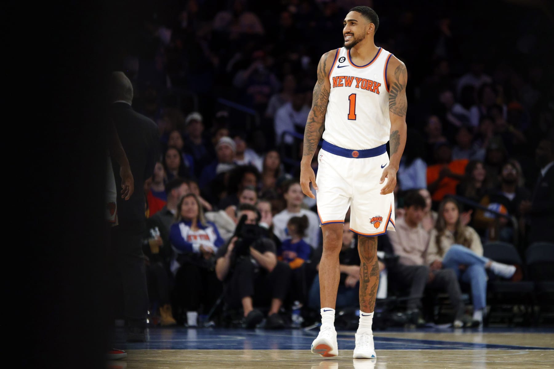 NEW YORK, NEW YORK - OCTOBER 04: Obi Toppin #1 of the New York Knicks smiles during the second half against the Detroit Pistons at Madison Square Garden on October 04, 2022 in New York City. NOTE TO USER: User expressly acknowledges and agrees that, by downloading and or using this photograph, User is consenting to the terms and conditions of the Getty Images License Agreement. (Photo by Sarah Stier/Getty Images)