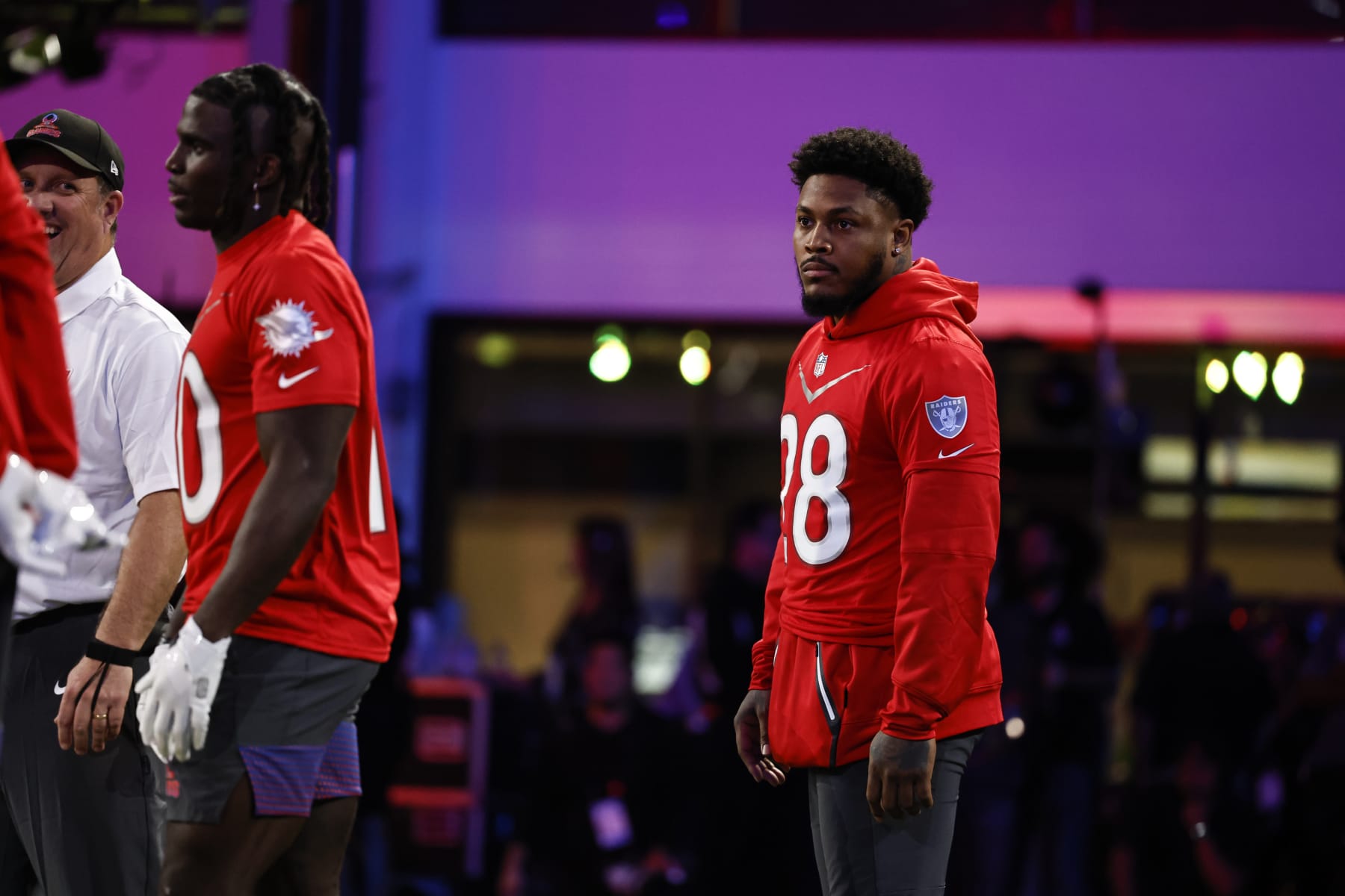 LAS VEGAS, NEVADA - FEBRUARY 02: AFC running back Josh Jacobs #28 of the Las Vegas Raiders looks on as he competes in the Epic Pro Bowl Dodgeball event during the Pro Bowl Games skills events on February 02, 2023 in Las Vegas, Nevada. (Photo by Michael Owens/Getty Images)
