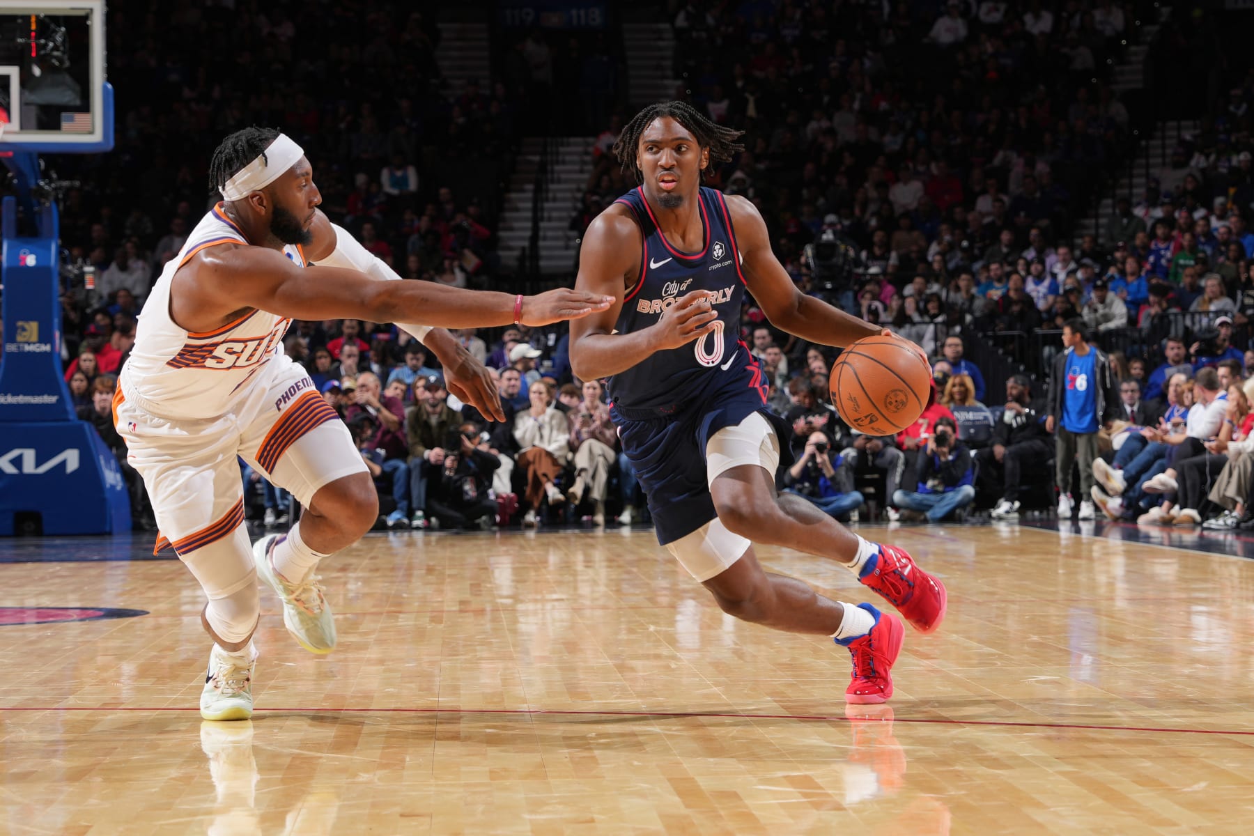 PHILADELPHIA, PA - NOVEMBER 4: Tyrese Maxey #0 of the Philadelphia 76ers drives to the basket during the game against the Phoenix Suns on November 4, 2023 at the Wells Fargo Center in Philadelphia, Pennsylvania NOTE TO USER: User expressly acknowledges and agrees that, by downloading and/or using this Photograph, user is consenting to the terms and conditions of the Getty Images License Agreement. Mandatory Copyright Notice: Copyright 2023 NBAE (Photo by Jesse D. Garrabrant/NBAE via Getty Images)