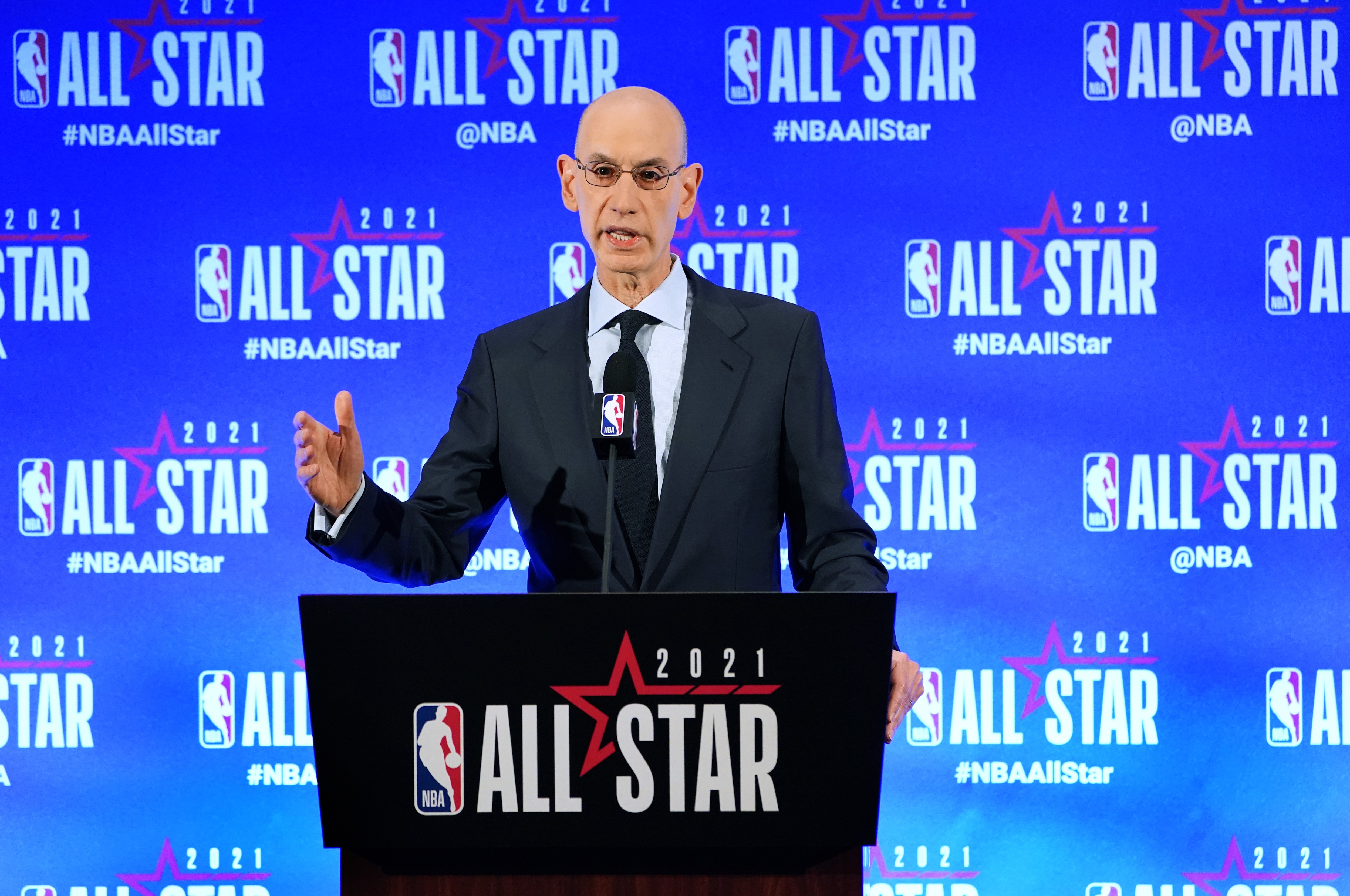 ATLANTA, GA - MARCH 6:  NBA Commissioner Adam Silver speaks to the media during a press conference during the NBA All-Star 2021 on March 6, 2021 at State Farm Arena in Atlanta, Georgia. NOTE TO USER: User expressly acknowledges and agrees that, by downloading and or using this photograph, User is consenting to the terms and conditions of the Getty Images License Agreement. Mandatory Copyright Notice: Copyright 2021 NBAE (Photo by Jesse D. Garrabrant/NBAE via Getty Images)