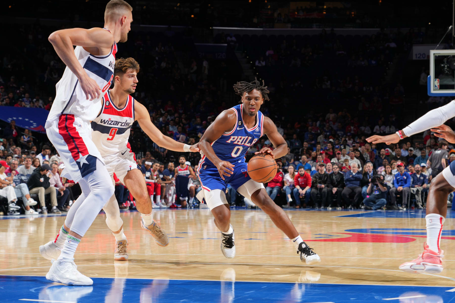 PHILADELPHIA, PA - NOVEMBER 2: Tyrese Maxey #0 of the Philadelphia 76ers drives to the basket during the game against the Washington Wizards on November 2, 2022 at the Wells Fargo Center in Philadelphia, Pennsylvania NOTE TO USER: User expressly acknowledges and agrees that, by downloading and/or using this Photograph, user is consenting to the terms and conditions of the Getty Images License Agreement. Mandatory Copyright Notice: Copyright 2022 NBAE (Photo by Jesse D. Garrabrant/NBAE via Getty Images)