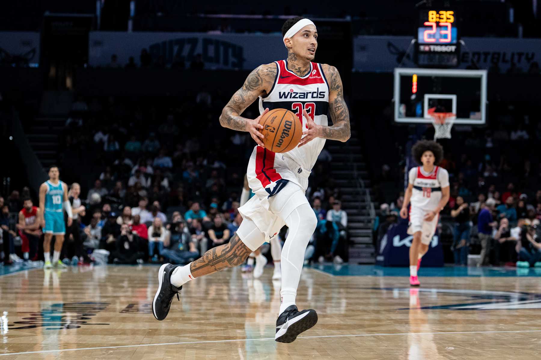 CHARLOTTE, NORTH CAROLINA - FEBRUARY 03: Kyle Kuzma #33 of the Washington Wizards plays against the Charlotte Hornets during their game at Spectrum Center on February 03, 2025 in Charlotte, North Carolina. NOTE TO USER: User expressly acknowledges and agrees that, by downloading and or using this photograph, User is consenting to the terms and conditions of the Getty Images License Agreement. (Photo by Jacob Kupferman/Getty Images)