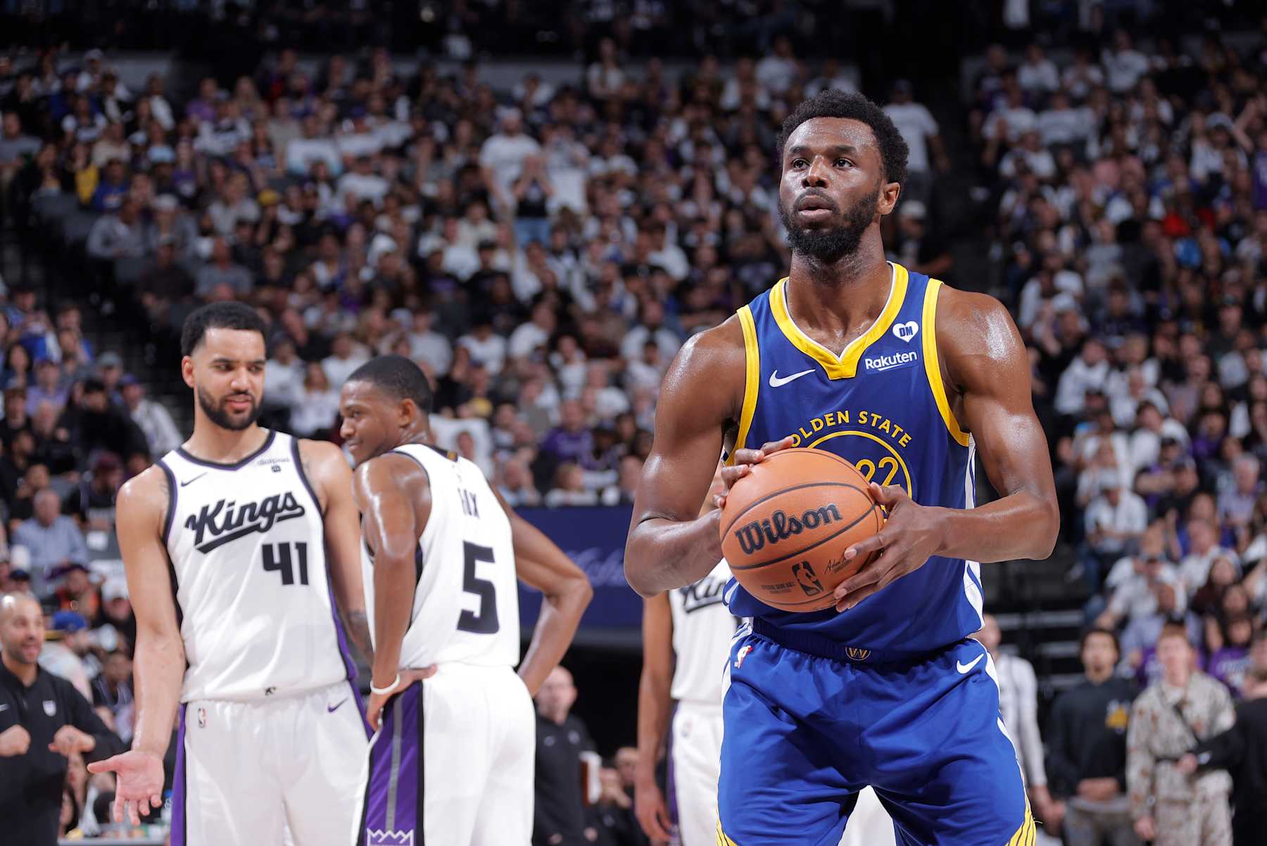 SACRAMENTO, CA - APRIL 16: Andrew Wiggins #22 of the Golden State Warriors shoots a free throw during the game against the Sacramento Kings during the 2024 Play-In Tournament on April 16, 2024 at Golden 1 Center in Sacramento, California. NOTE TO USER: User expressly acknowledges and agrees that, by downloading and or using this photograph, User is consenting to the terms and conditions of the Getty Images Agreement. Mandatory Copyright Notice: Copyright 2024 NBAE (Photo by Rocky Widner/NBAE via Getty Images)