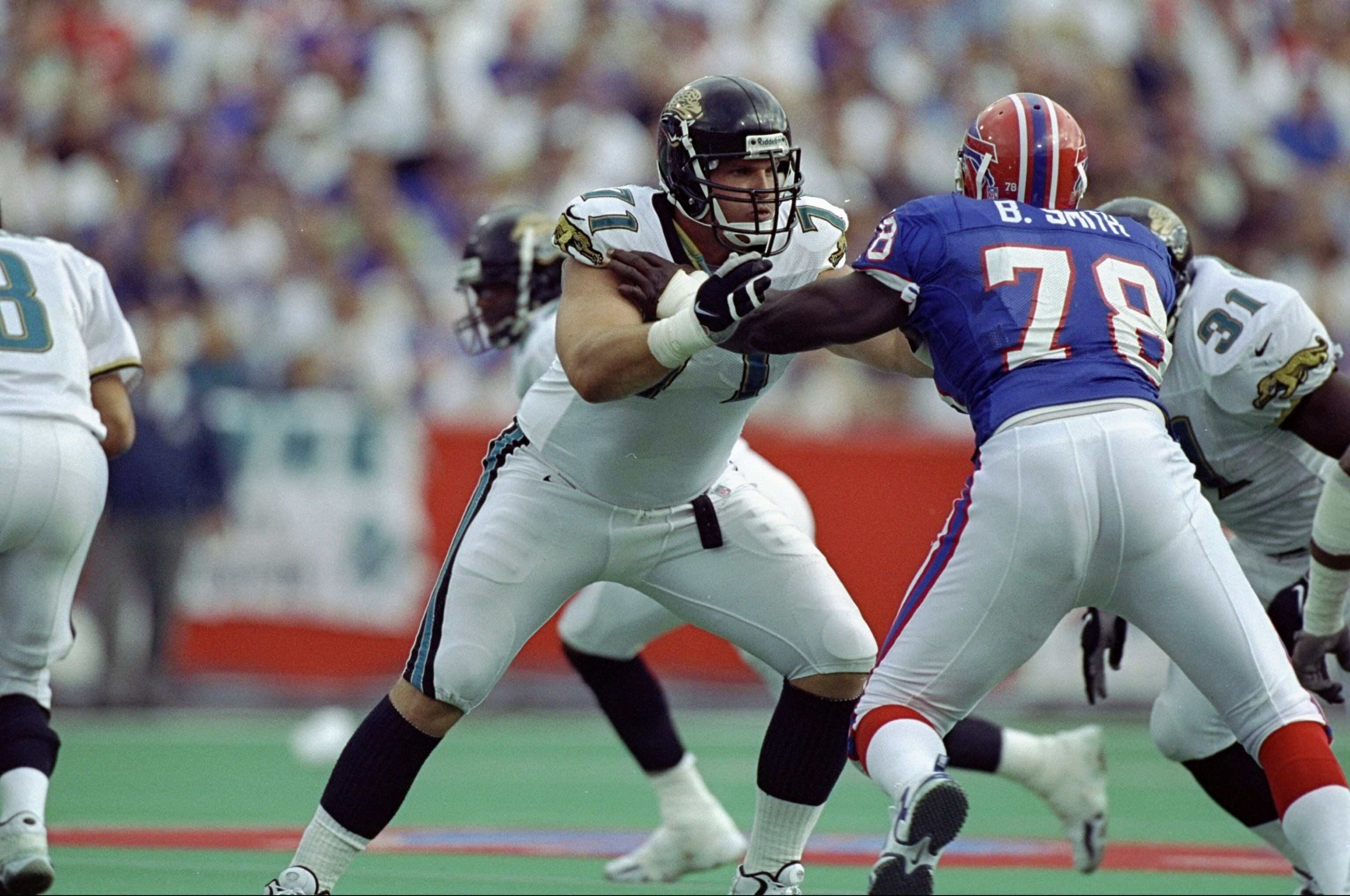 18 Oct 1998:  Offensive tackle Tony Boselli #71 of the Jacksonville Jaguars in action against defensive end Bruce Smith #78 of the Buffalo Bills during the game at the Rich Stadium in Orchard Park, New York. The Bills defeated the Jaguars 17-16.