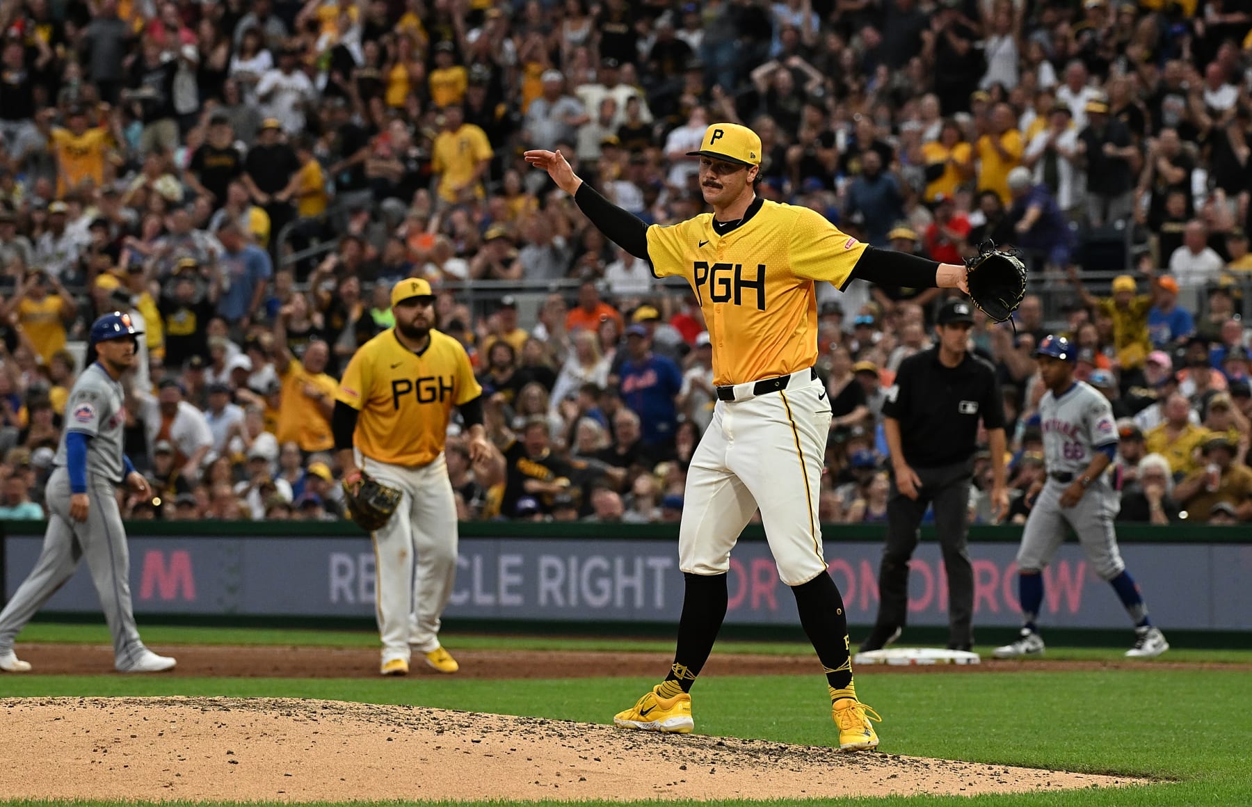 PITTSBURGH, PENNSYLVANIA - JULY 5: Paul Skenes #30 of the Pittsburgh Pirates reacts after the final out of the seventh inning during the game against the New York Mets at PNC Park on July 5, 2024 in Pittsburgh, Pennsylvania. (Photo by Justin Berl/Getty Images)
