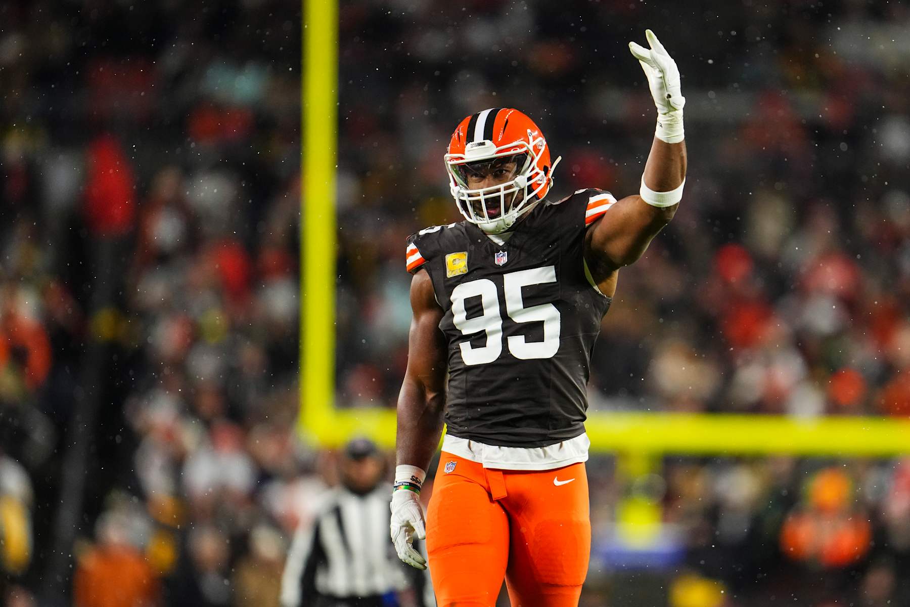 CLEVELAND, OH - NOVEMBER 21: Myles Garrett #95 of the Cleveland Browns celebrates during an NFL football game against the Pittsburgh Steelers at Huntington Bank Field on November 21, 2024 in Cleveland, Ohio. (Photo by Cooper Neill/Getty Images)