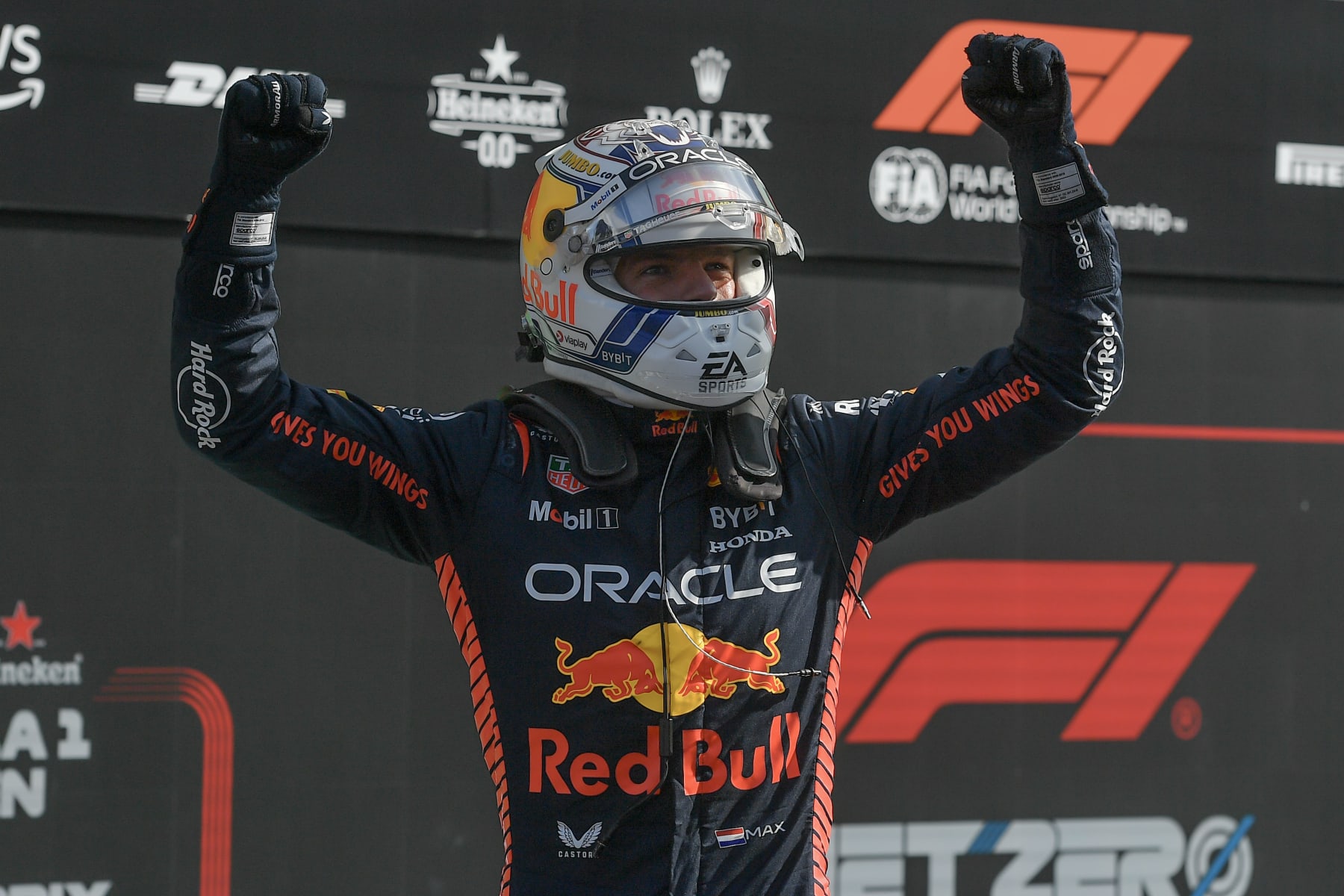 ZANDVOORT, NETHERLANDS - AUGUST 26: Max Verstappen of the Netherlands and Oracle Red Bull Racing celebrates his pole position in parc feme during qualifying ahead of the F1 Grand Prix of The Netherlands at Circuit Park Zandvoort on August 26, 2023 in Zandvoort, Netherlands. (Photo by Vince Mignott/MB Media/Getty Images)