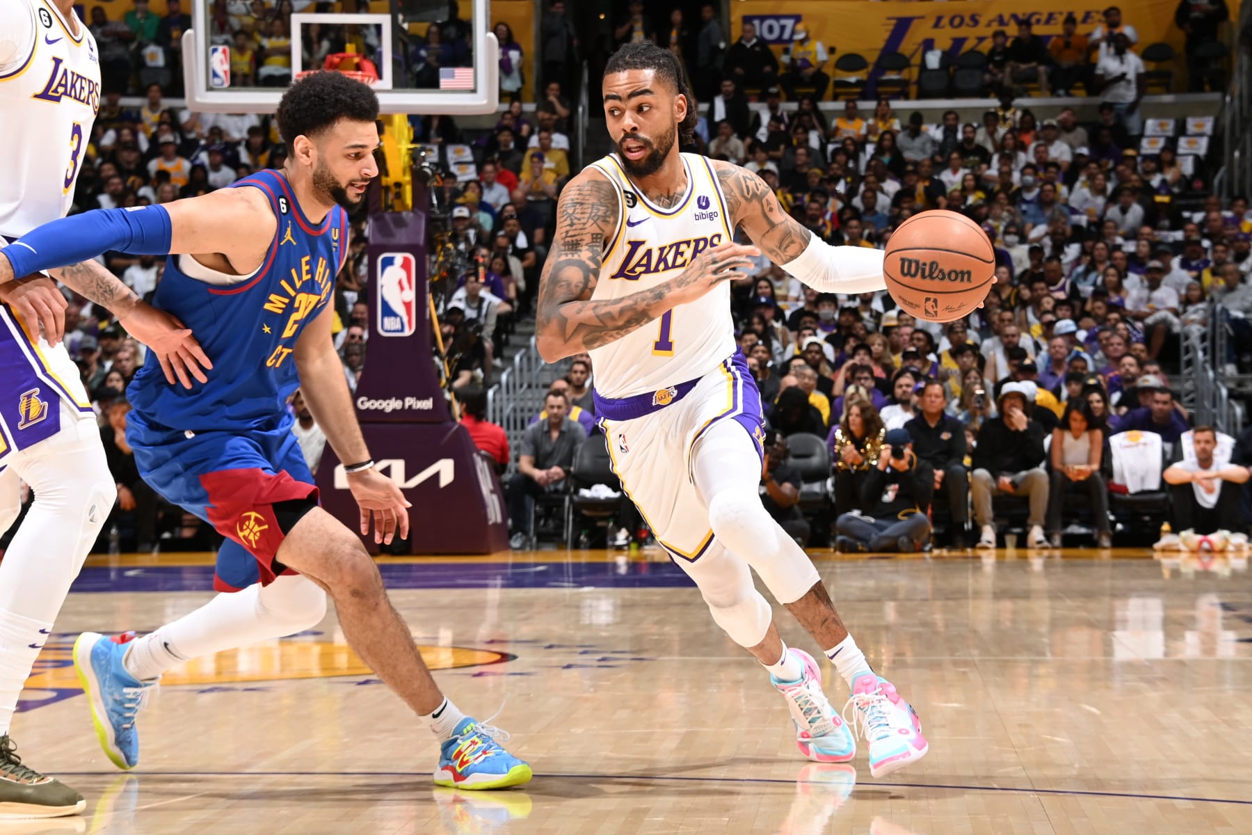 LOS ANGELES, CA - MAY 20: D'Angelo Russell #1 of the Los Angeles Lakers dribbles the ball during Game 3 of the 2023 NBA Playoffs Western Conference Finals against the Denver Nuggets on May 20, 2023 at Crypto.Com Arena in Los Angeles, California. NOTE TO USER: User expressly acknowledges and agrees that, by downloading and/or using this Photograph, user is consenting to the terms and conditions of the Getty Images License Agreement. Mandatory Copyright Notice: Copyright 2023 NBAE (Photo by Andrew D. Bernstein/NBAE via Getty Images)