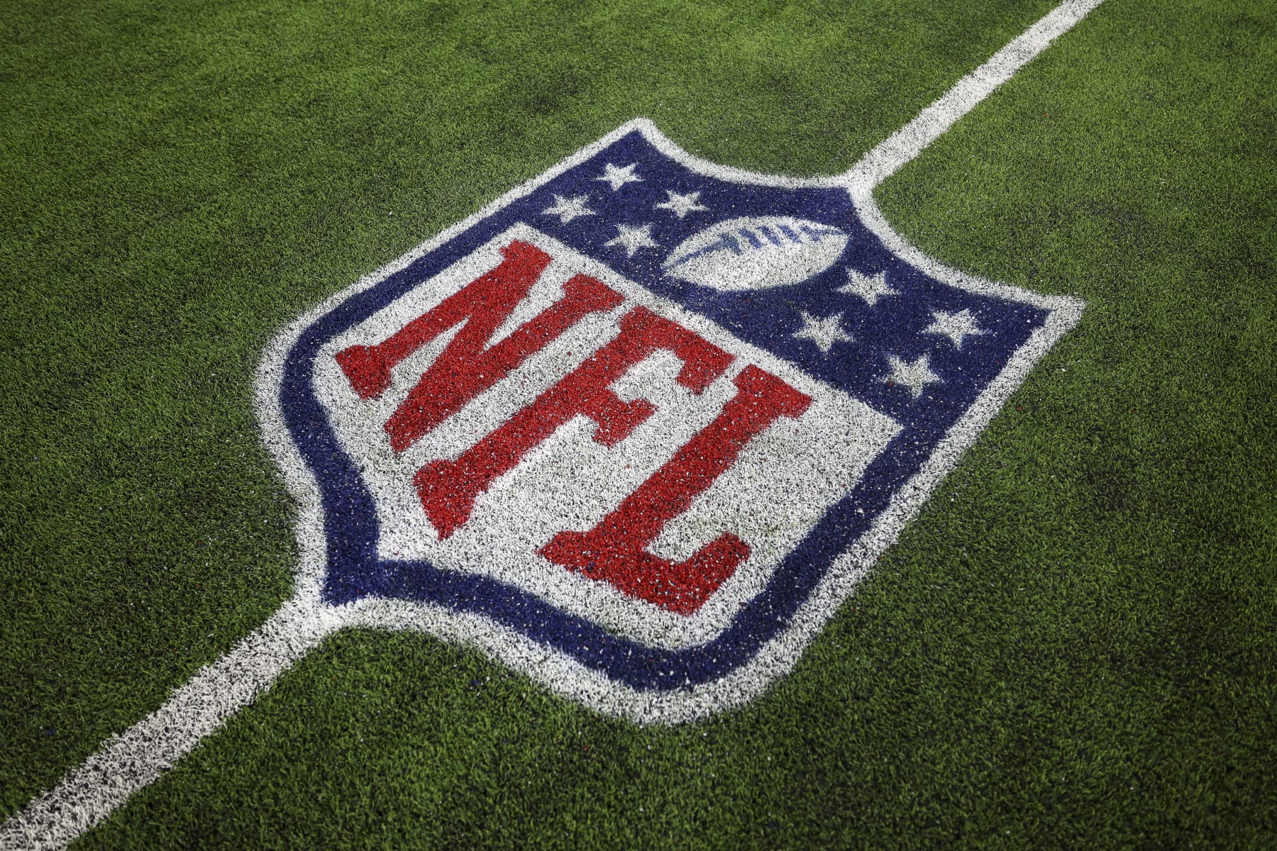 INGLEWOOD, CA - OCTOBER 29: An NFL shield logo is painted on the field after an NFL football game between the Los Angeles Chargers and the Chicago Bears at SoFi Stadium on October 29, 2023 in Inglewood, California. (Photo by Kevin Sabitus/Getty Images)