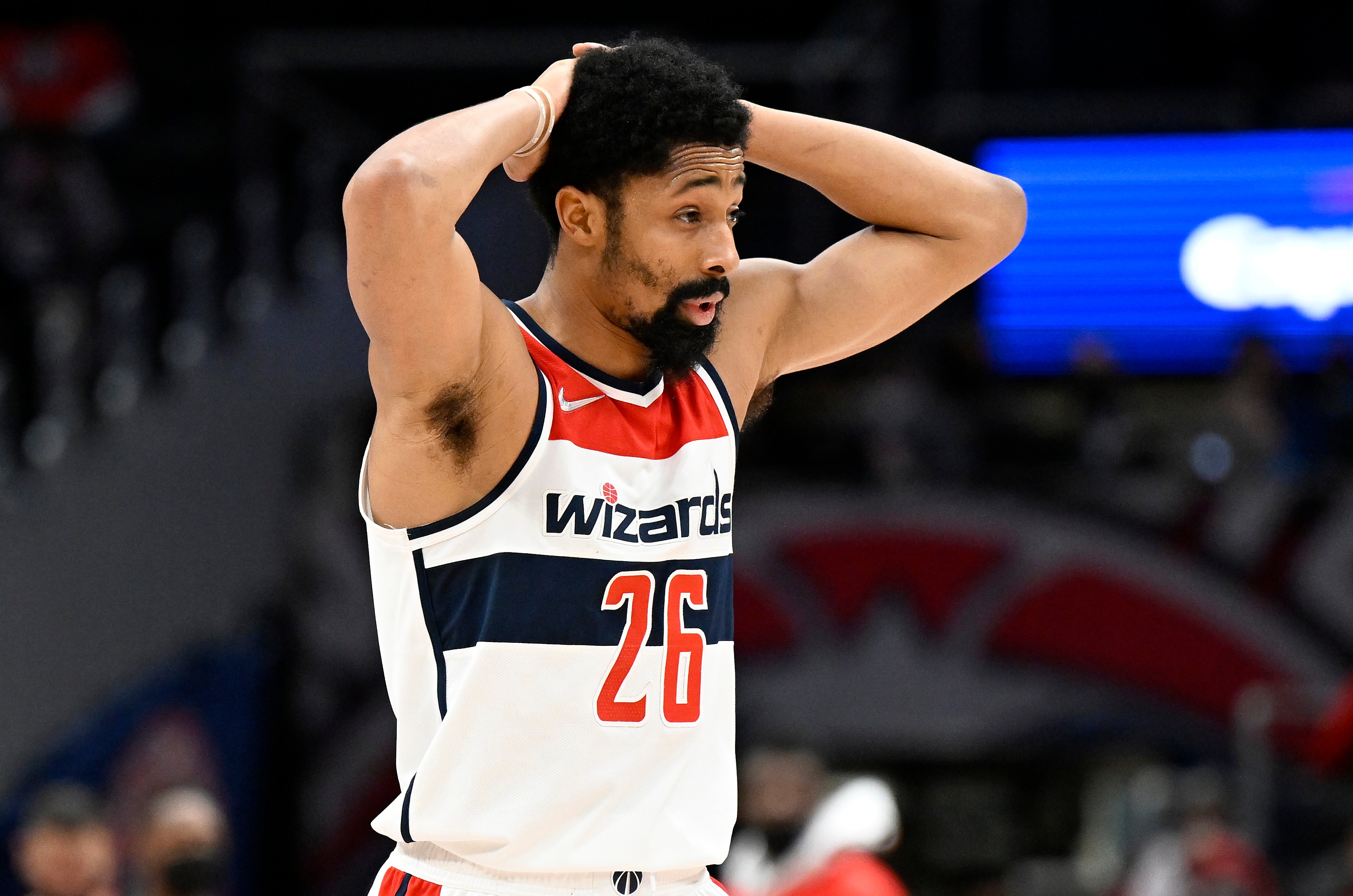 WASHINGTON, DC - JANUARY 25: Spencer Dinwiddie #26 of the Washington Wizards reacts to a call in the fourth quarter during the game against the LA Clippers at Capital One Arena on January 25, 2022 in Washington, DC. NOTE TO USER: User expressly acknowledges and agrees that, by downloading and or using this photograph, User is consenting to the terms and conditions of the Getty Images License Agreement.  (Photo by G Fiume/Getty Images)