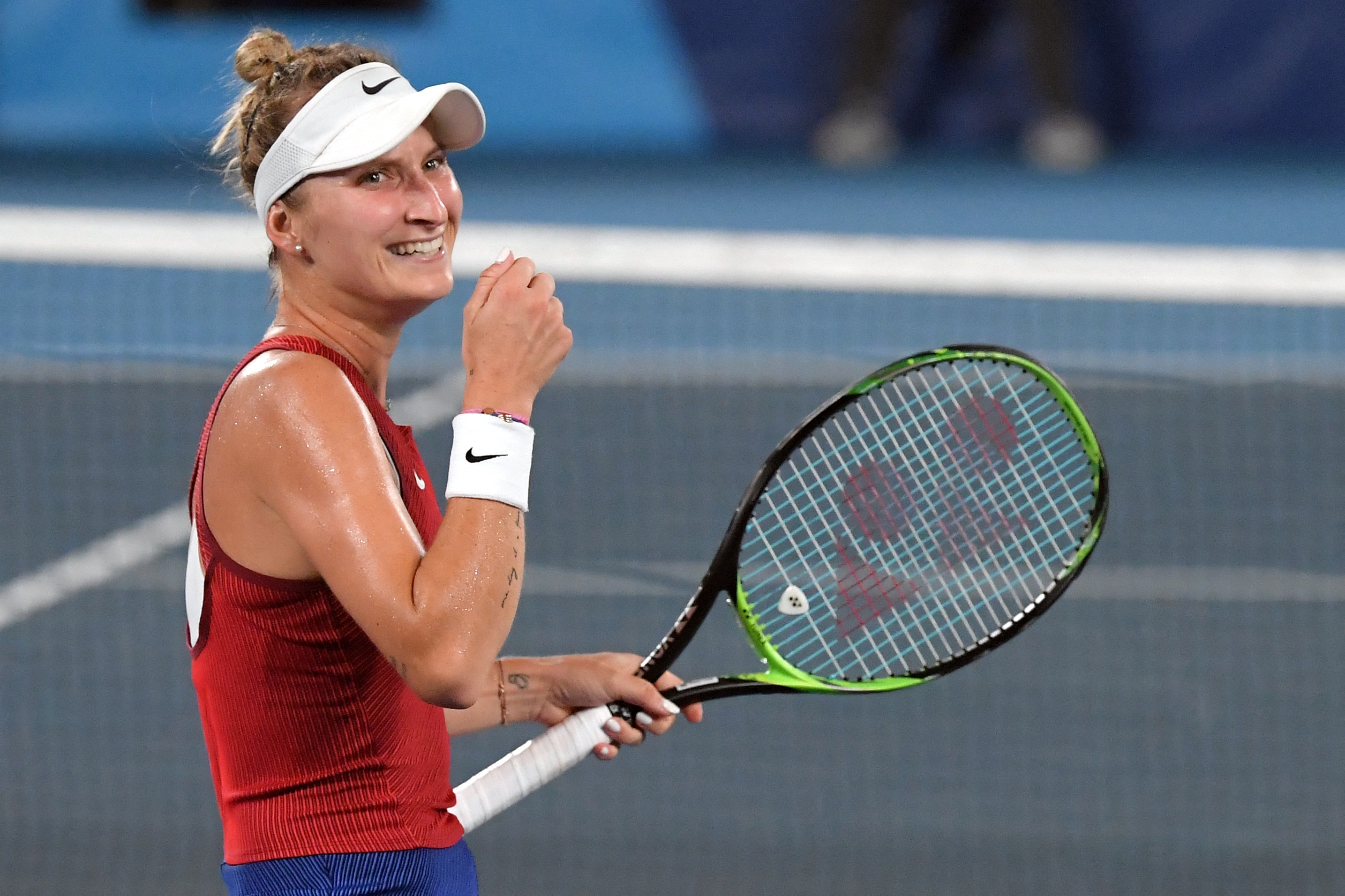 Czech Republic's Marketa Vondrousova celebrates beating Ukraine's Elina Svitolina in their Tokyo 2020 Olympic Games women's singles semifinal tennis match at the Ariake Tennis Park in Tokyo on July 29, 2021. (Photo by Tiziana FABI / AFP) (Photo by TIZIANA FABI/AFP via Getty Images)