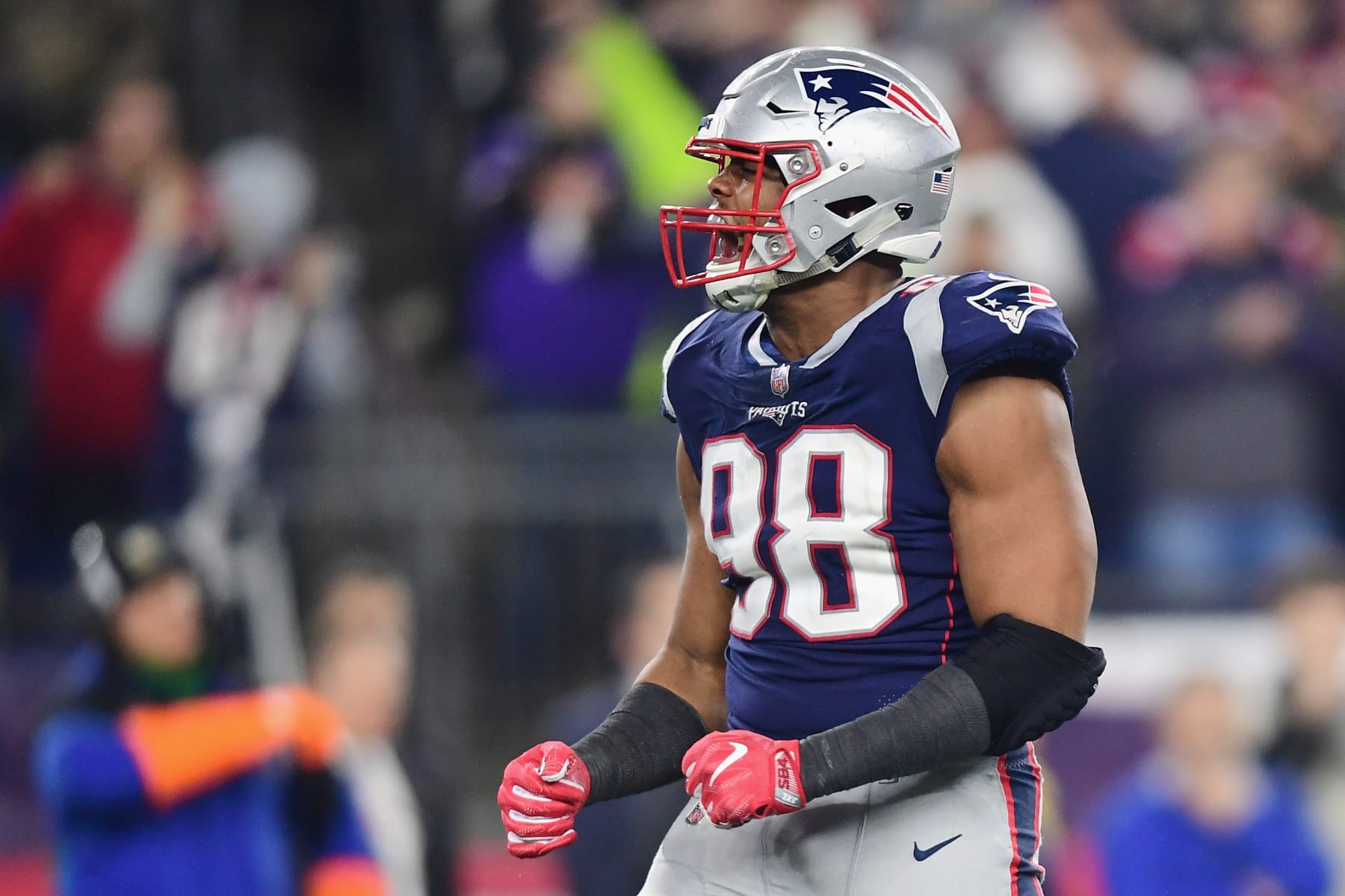 FOXBOROUGH, MA - DECEMBER 02:  Trey Flowers #98 of the New England Patriots reacts during the second half against the Minnesota Vikings at Gillette Stadium on December 2, 2018 in Foxborough, Massachusetts.  (Photo by Billie Weiss/Getty Images)