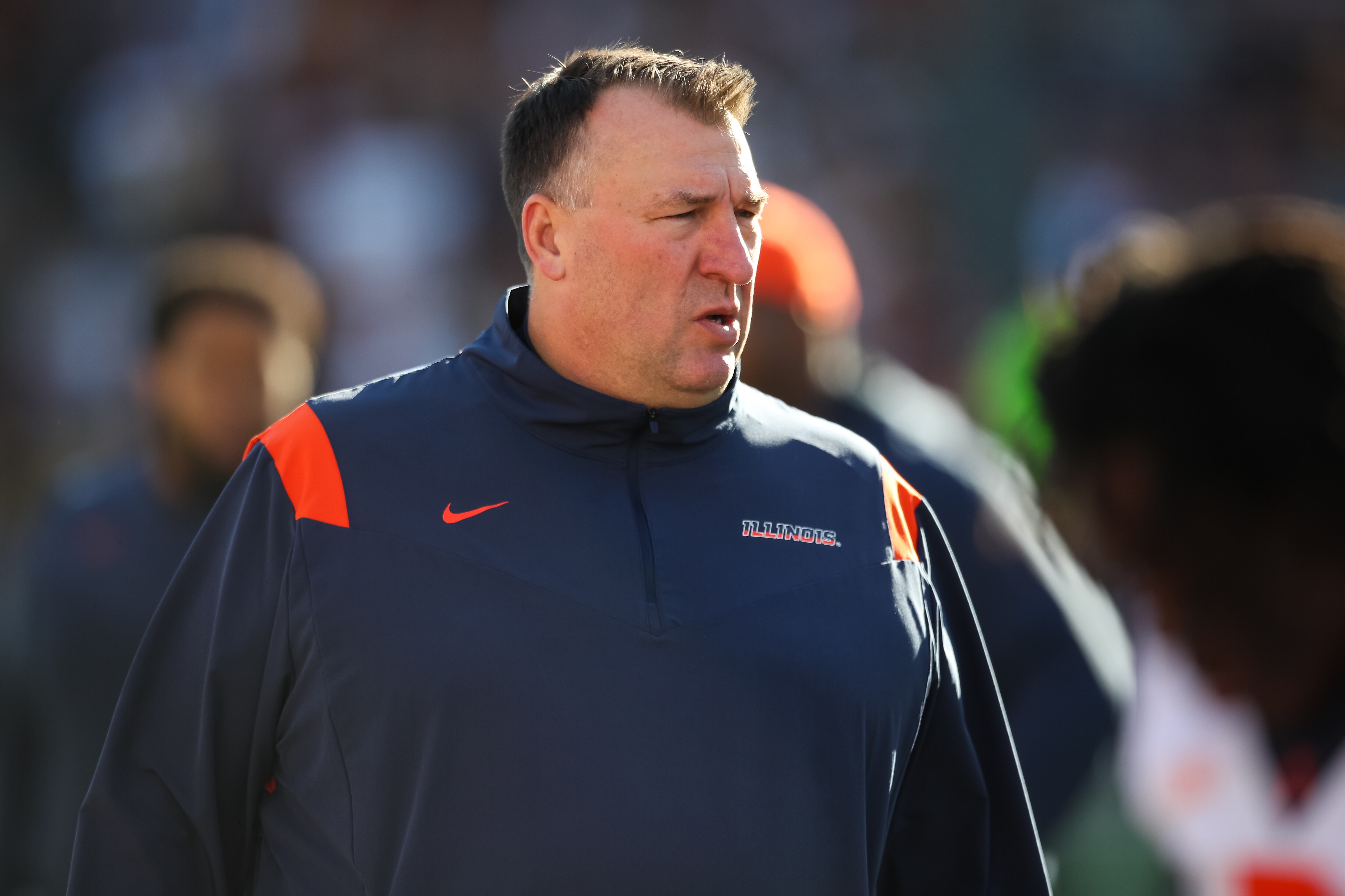 MINNEAPOLIS, MN - NOVEMBER 6: Head coach Bret Bielema of the Illinois Fighting Illini looks on before the start of the game against the Minnesota Golden Gophers at Huntington Bank Stadium on November 6, 2021 in Minneapolis, Minnesota. (Photo by David Berding/Getty Images)