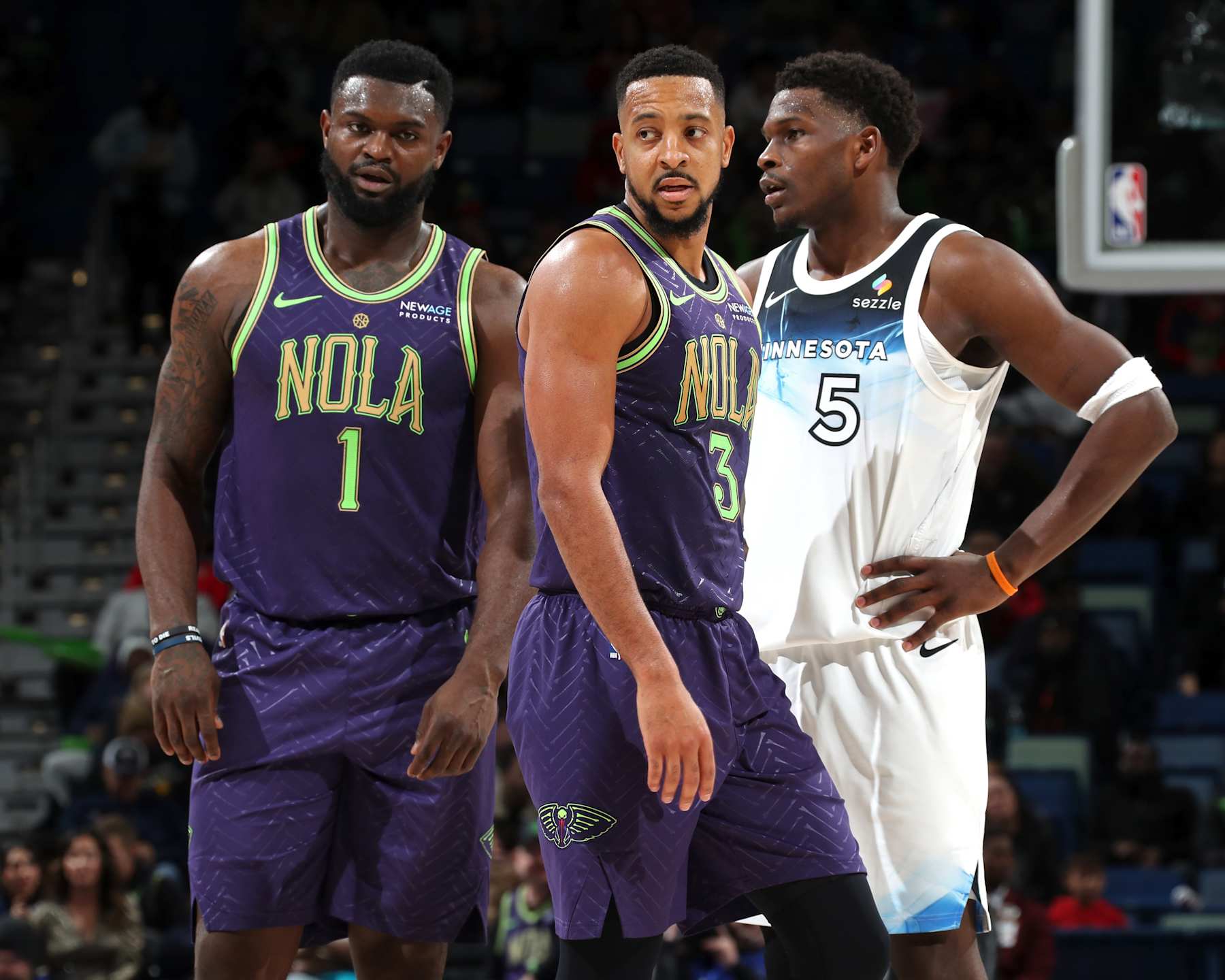 NEW ORLEANS, LA - JANUARY 7: Zion Williamson #1 and CJ McCollum #3 of the New Orleans Pelicans look on during the game against the Minnesota Timberwolves on January 7, 2025 at the Smoothie King Center in New Orleans, Louisiana. NOTE TO USER: User expressly acknowledges and agrees that, by downloading and or using this Photograph, user is consenting to the terms and conditions of the Getty Images License Agreement. Mandatory Copyright Notice: Copyright 2025 NBAE(Photo by Layne Murdoch Jr./NBAE via Getty Images)
