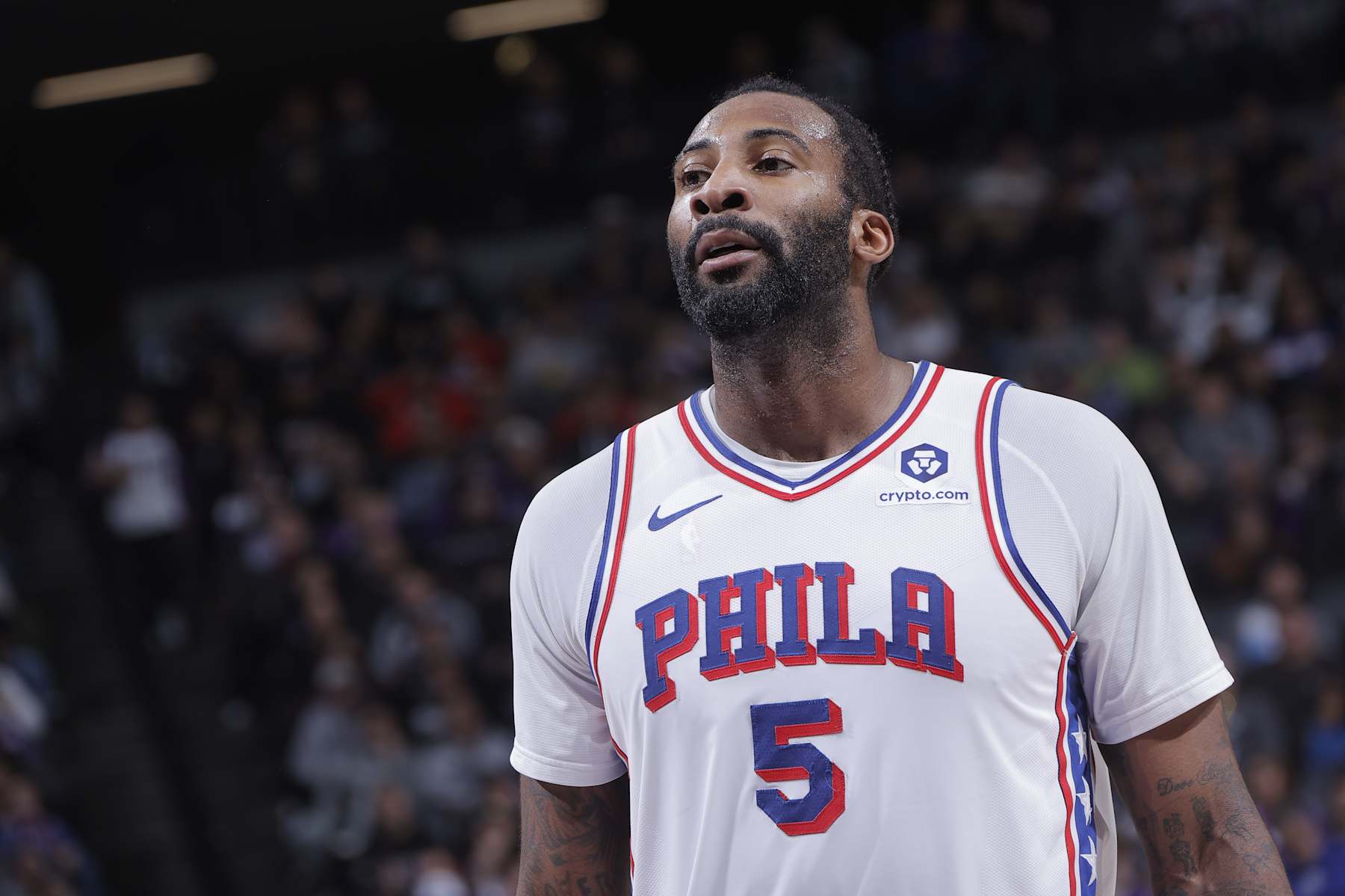 SACRAMENTO, CA - JANUARY 1: Andre Drummond #5 of the Philadelphia 76ers looks on during the game against the Sacramento Kings on January 1, 2025 at Golden 1 Center in Sacramento, California. NOTE TO USER: User expressly acknowledges and agrees that, by downloading and or using this photograph, User is consenting to the terms and conditions of the Getty Images Agreement. Mandatory Copyright Notice: Copyright 2025 NBAE (Photo by Rocky Widner/NBAE via Getty Images)