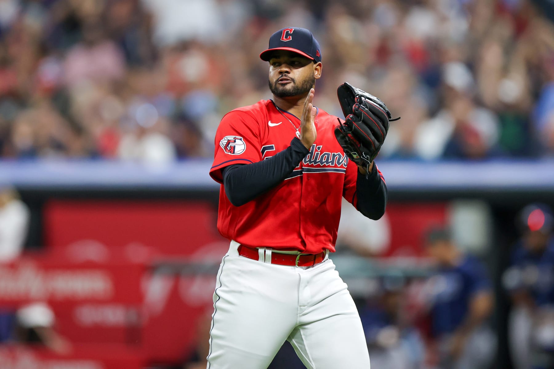 CLEVELAND, OH - SEPTEMBER 02: Cleveland Guardians relief pitcher Reynaldo Lopez (40) reacts after getting a double play to end the eighth inning of the Major League Baseball game between the Tampa Bay Rays and Cleveland Guardians on September 2, 2023, at Progressive Field in Cleveland, OH. Photo by Frank Jansky/Icon Sportswire via Getty Images)